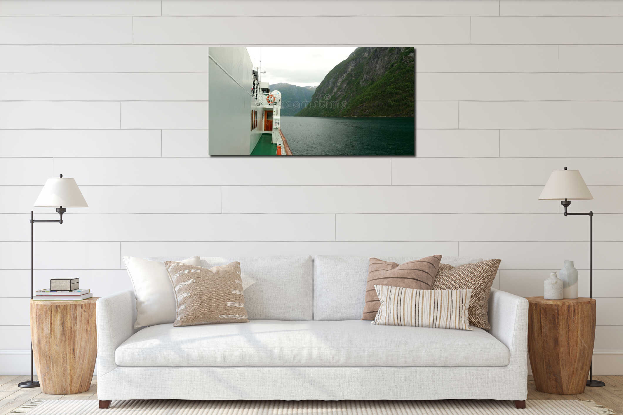 Sunnylvsfjorden, Norway. Touristic Ship Ferry Boat Floating Through Waters Of Sunnylvsfjorden In Spring Summer Day interior mockup