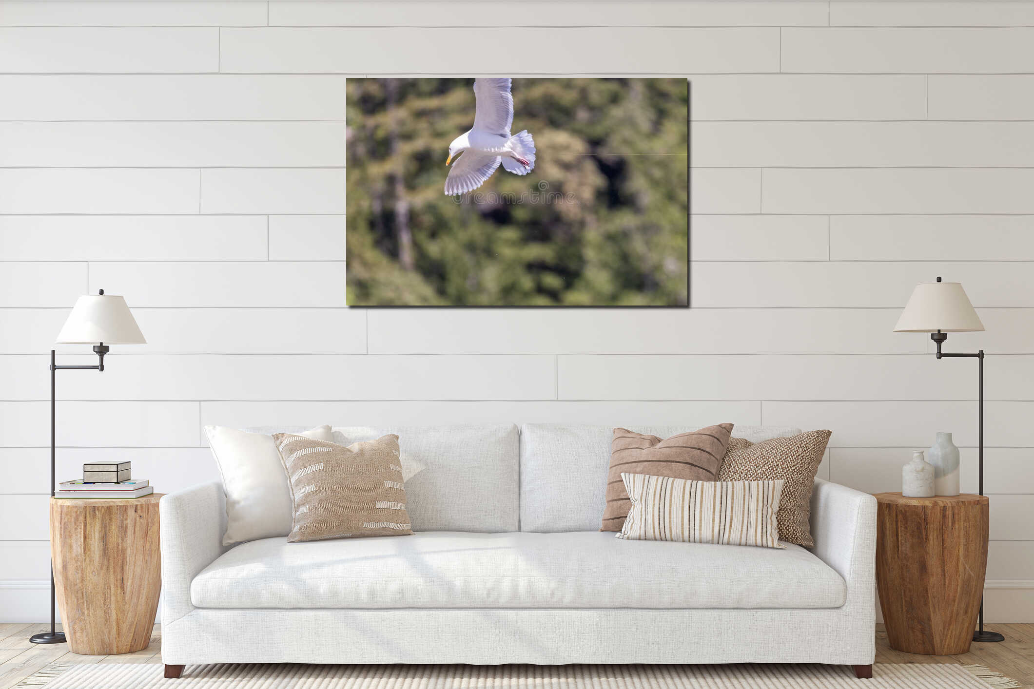a single seagull high in the sky near forest interior mockup