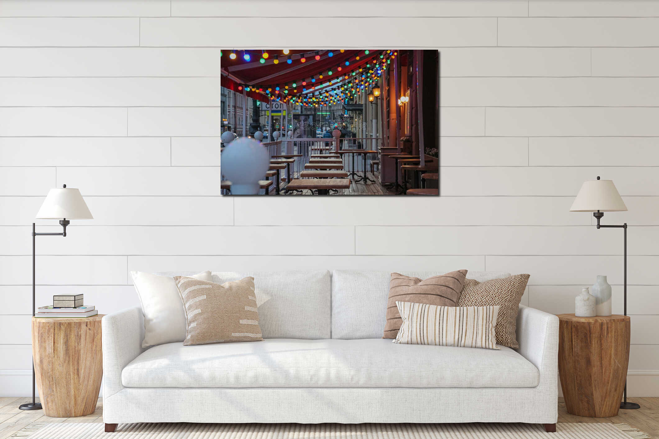 Russia, St. Petersburg, summer evening city, view of the city street, cafe, night lights, garland, colored lanterns. interior mockup