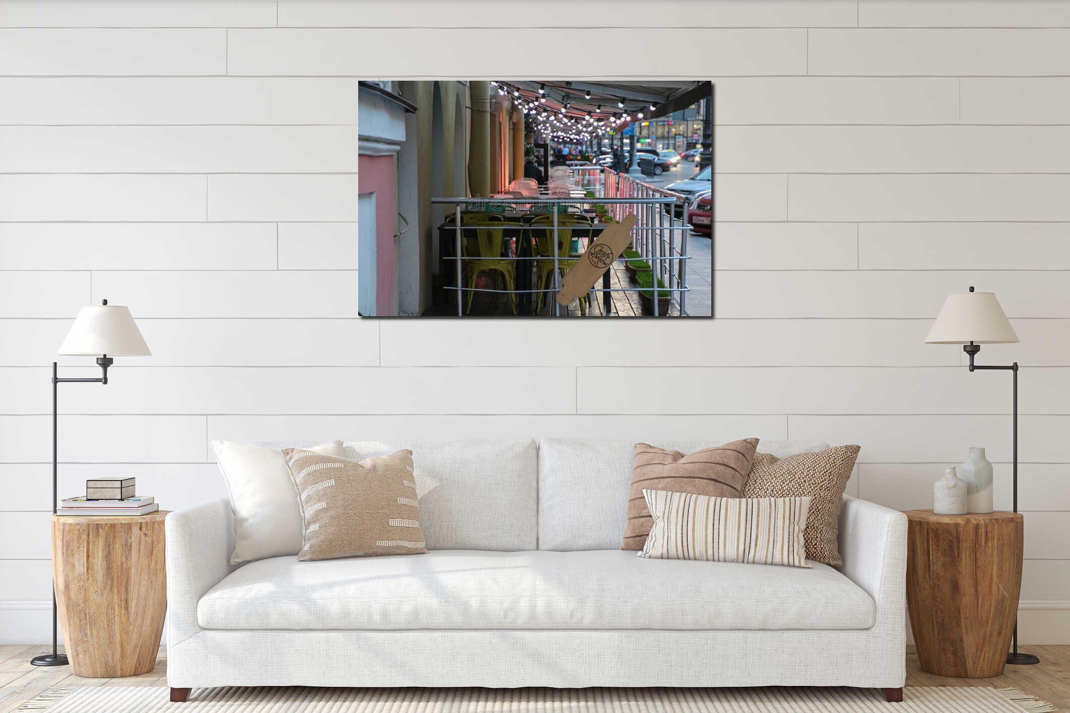 Russia, St. Petersburg, summer evening city, view of the city street, cafe, night lights, garland, colored lanterns. interior mockup