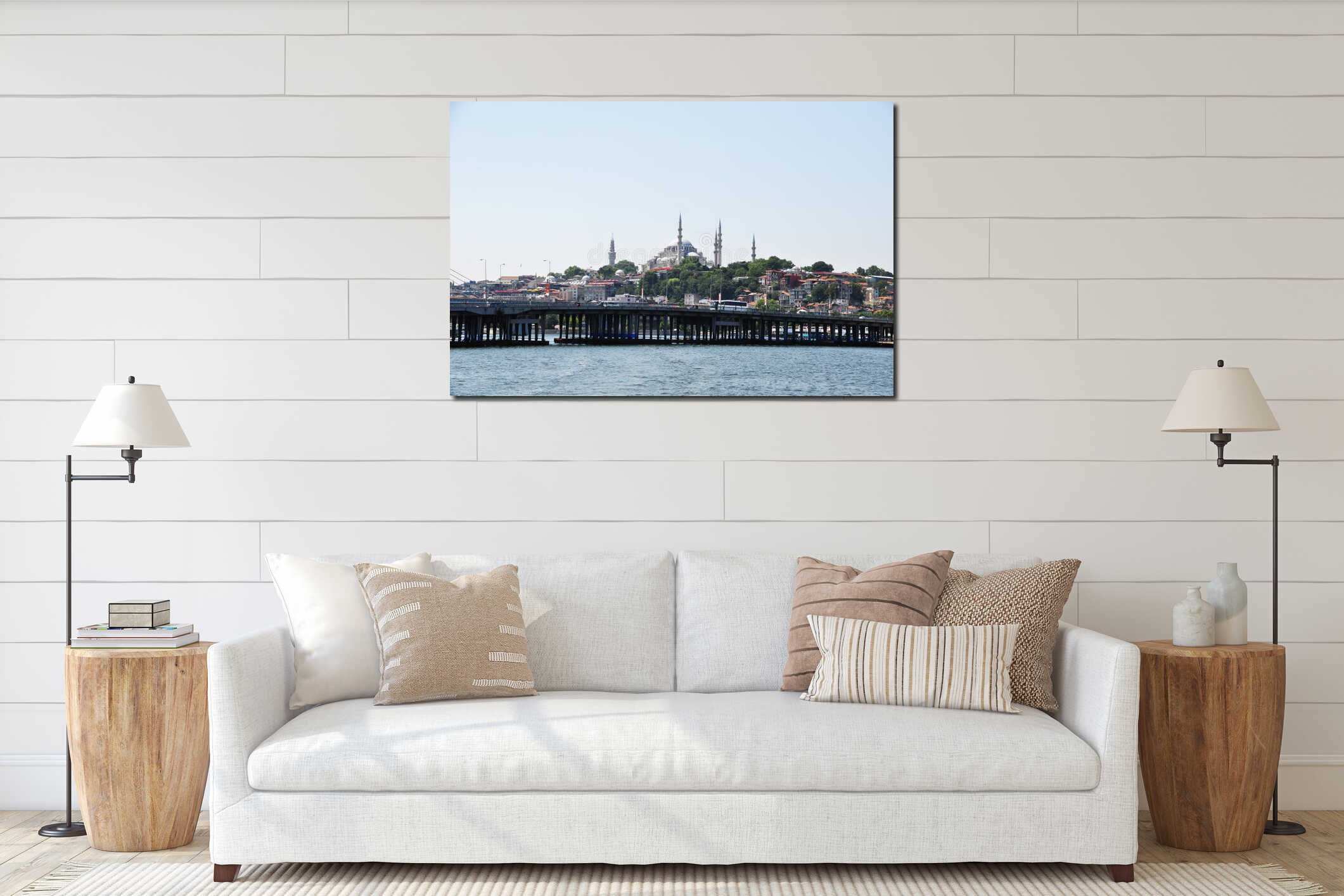 Panorama of Istanbul. View of the sea strait and the Suleymaniye mosque. interior mockup