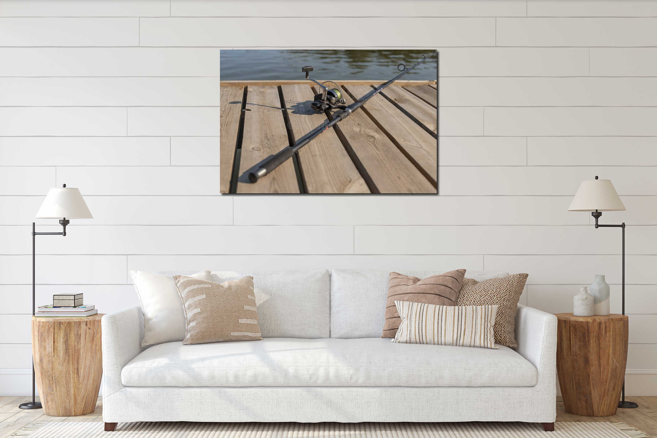 Fishing rod or angler lying on wood coast over river or lake in summer close up interior mockup