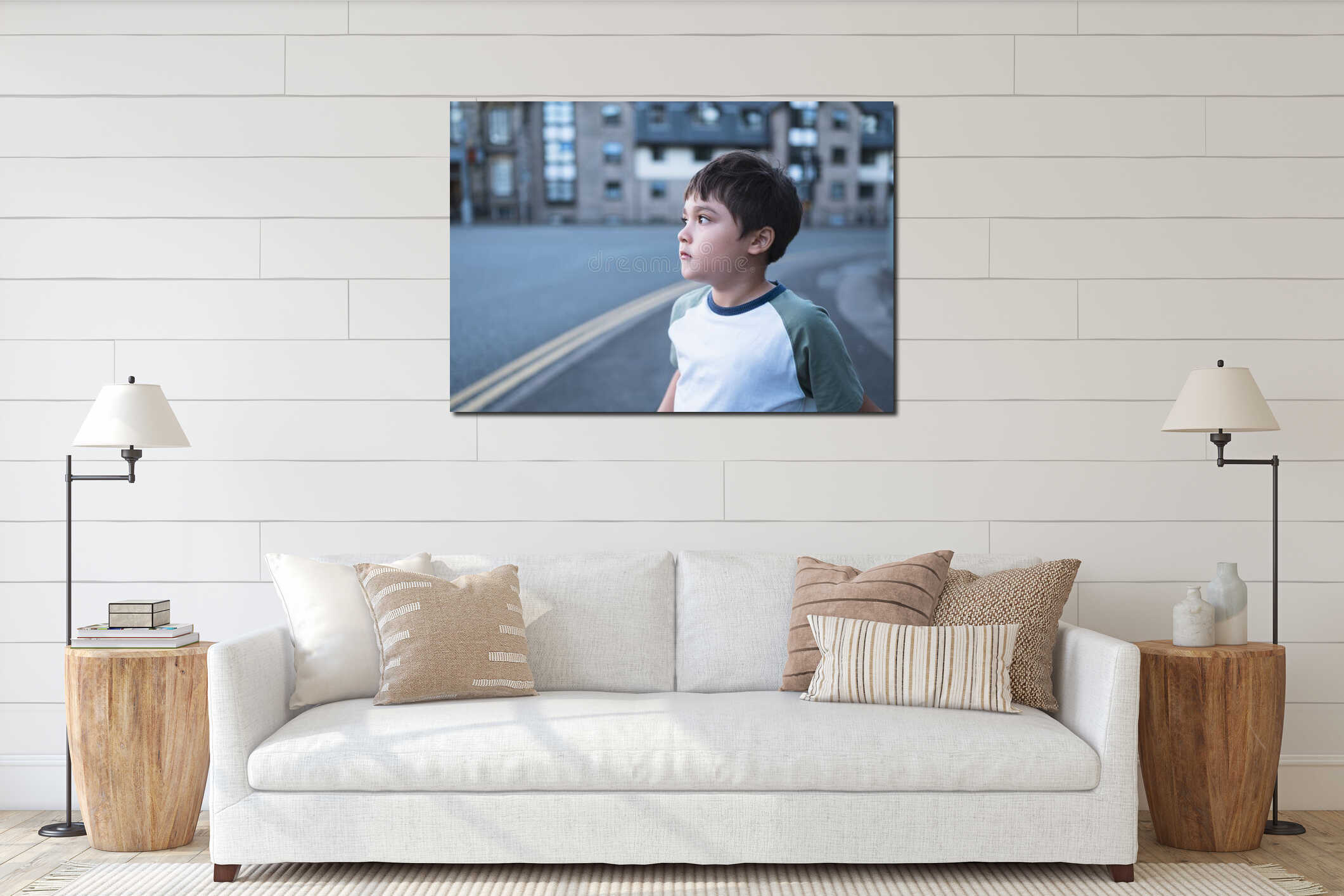Cute young boy looking out with curious face, Side view portrait mixed race kid standing alone on street, Child standing on the em interior mockup