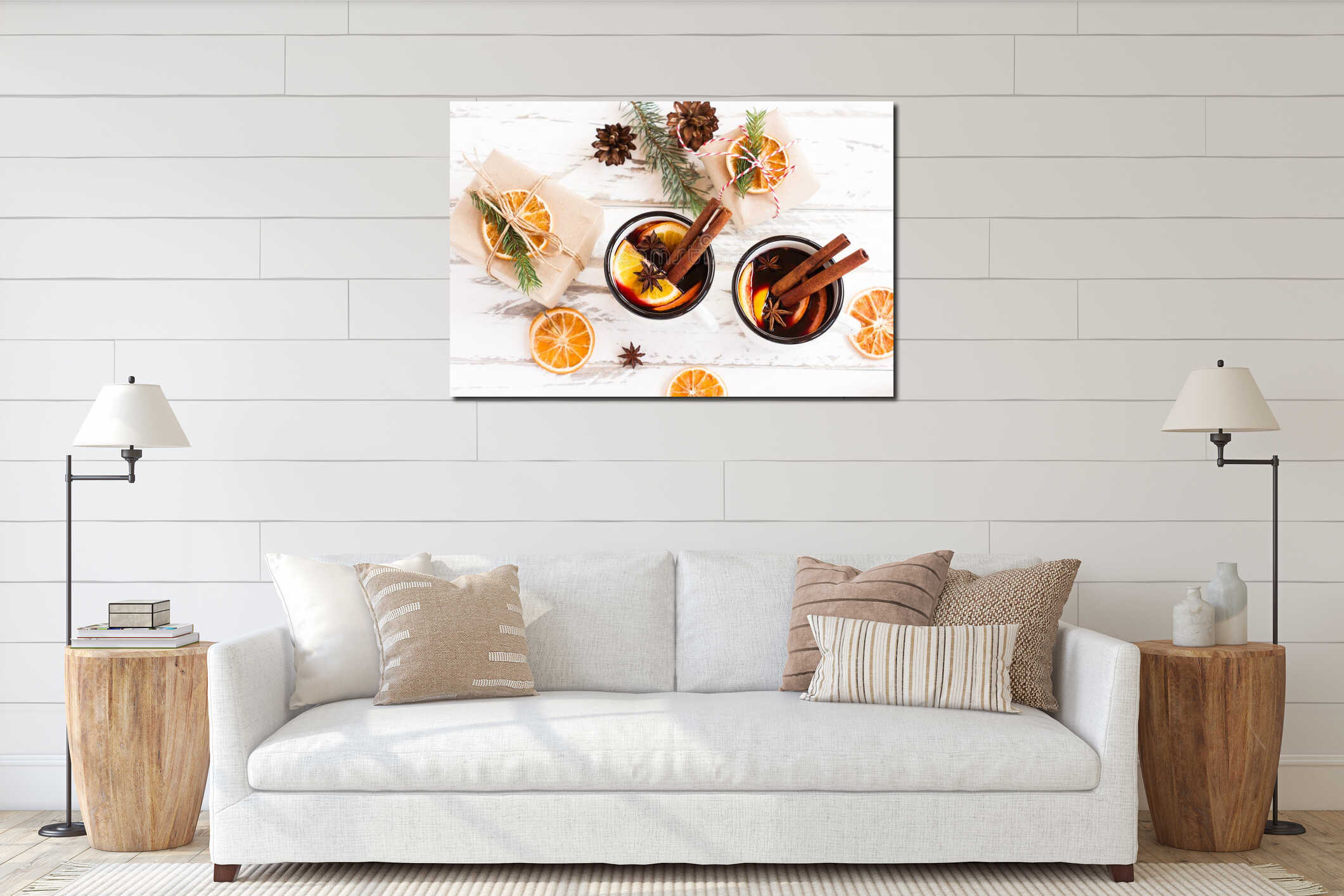 Top view of two enameled cups with hot red mulled wine with spices interior mockup