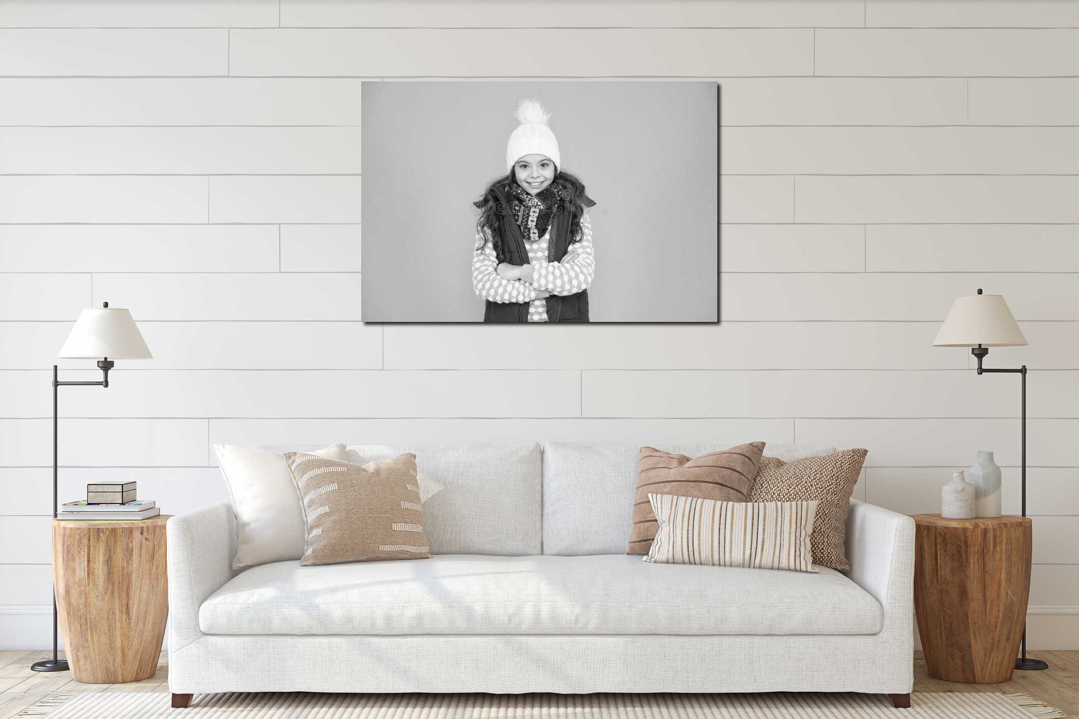 Feeling cozy. no hypothermia. cheerful girl wearing layers of clothing. warm clothes at wintertime season. cold weather interior mockup