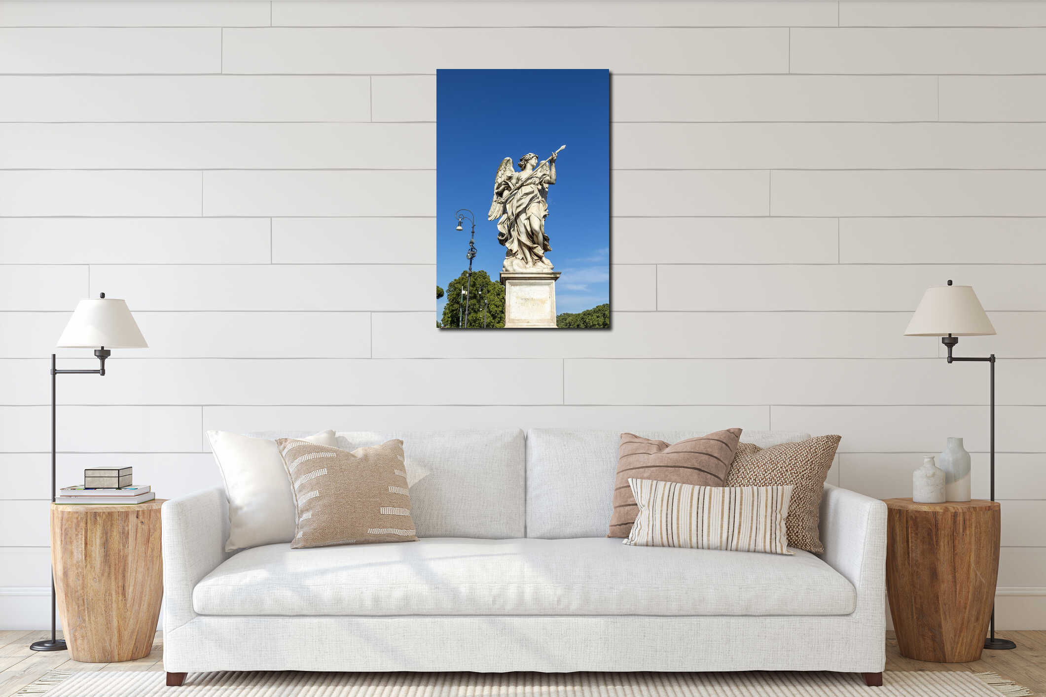 Bernini`s marble statue of angel with cross from the Sant`Angelo Bridge in Rome interior mockup