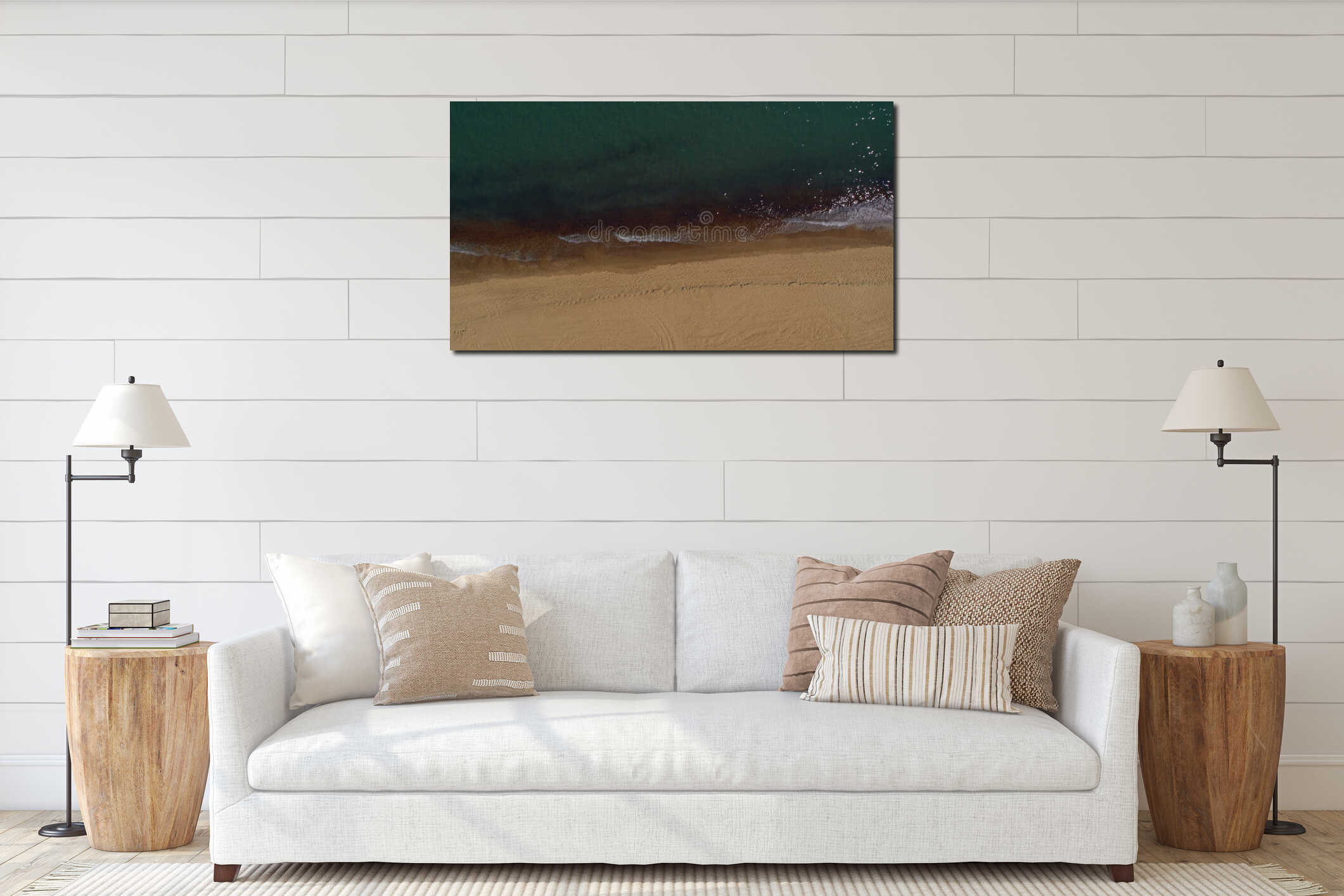 Aerial sandy beach view with calm blue sea waves breaking on peaceful seashore. interior mockup