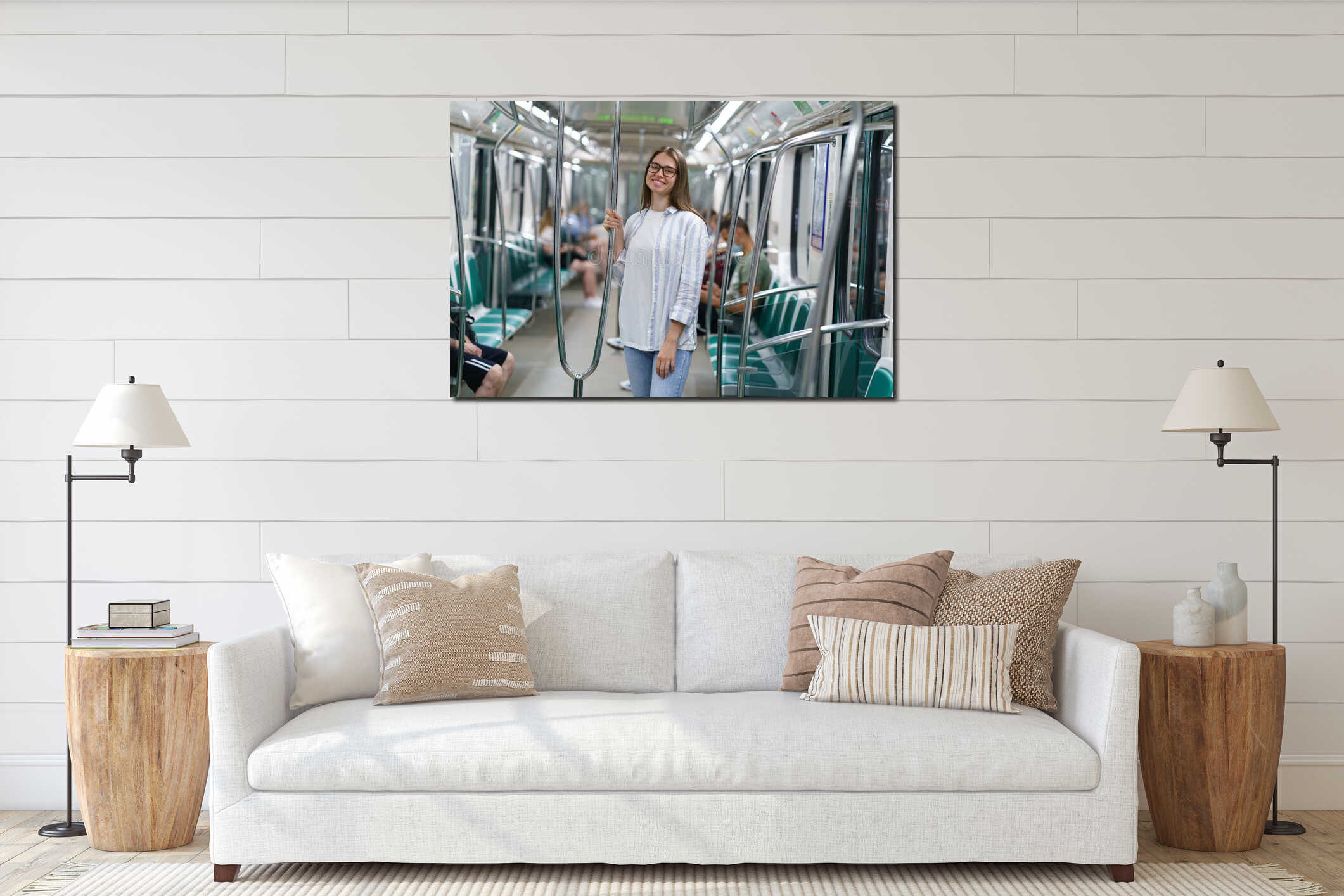 Young smiling girl inside subway car hold on handrail. Cheerful student female travel in underground interior mockup