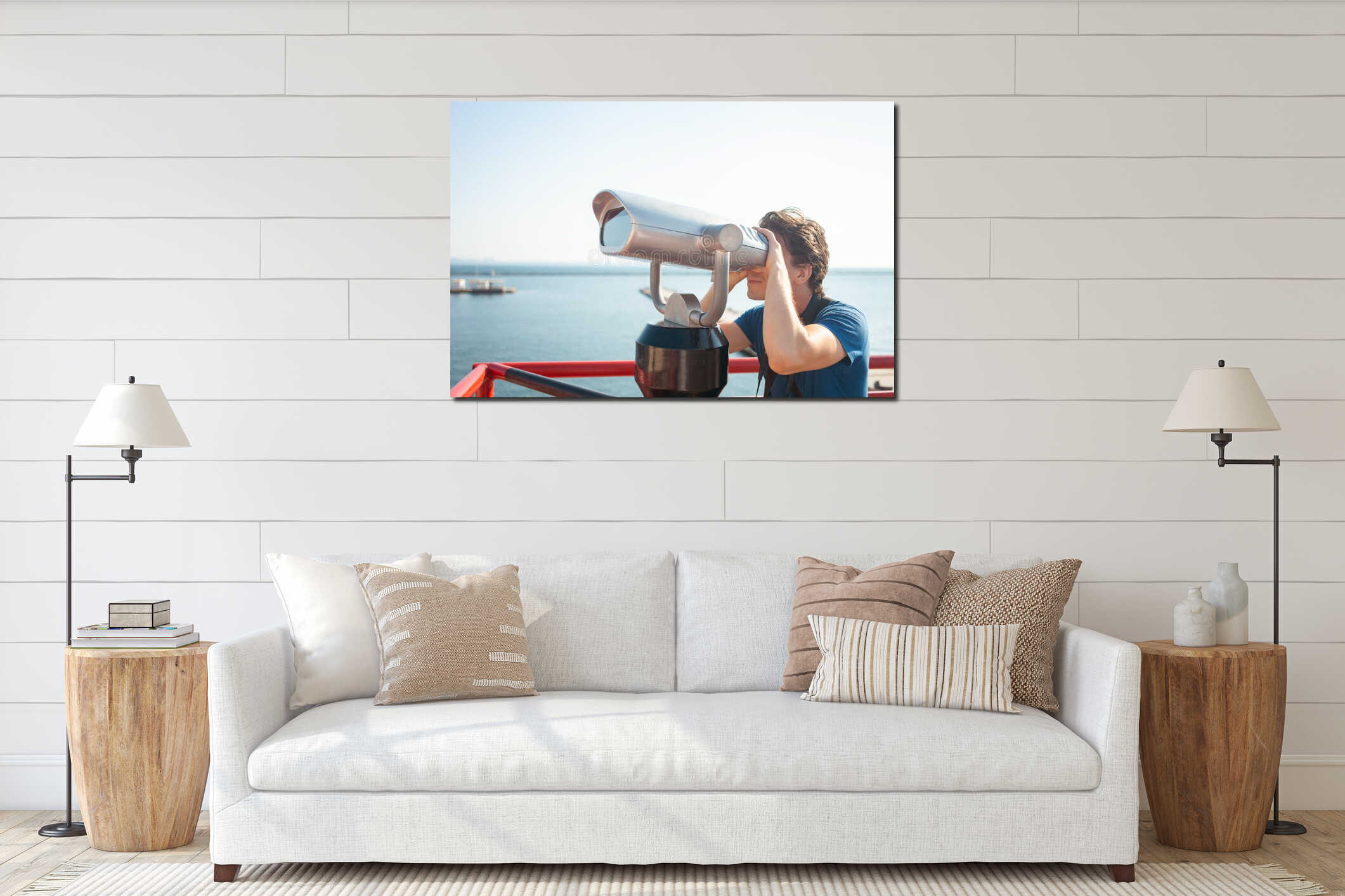 man looks through stationary binoculars. Binoscope on observation deck near sea. seaport in Odessa. Expensive yachts on interior mockup