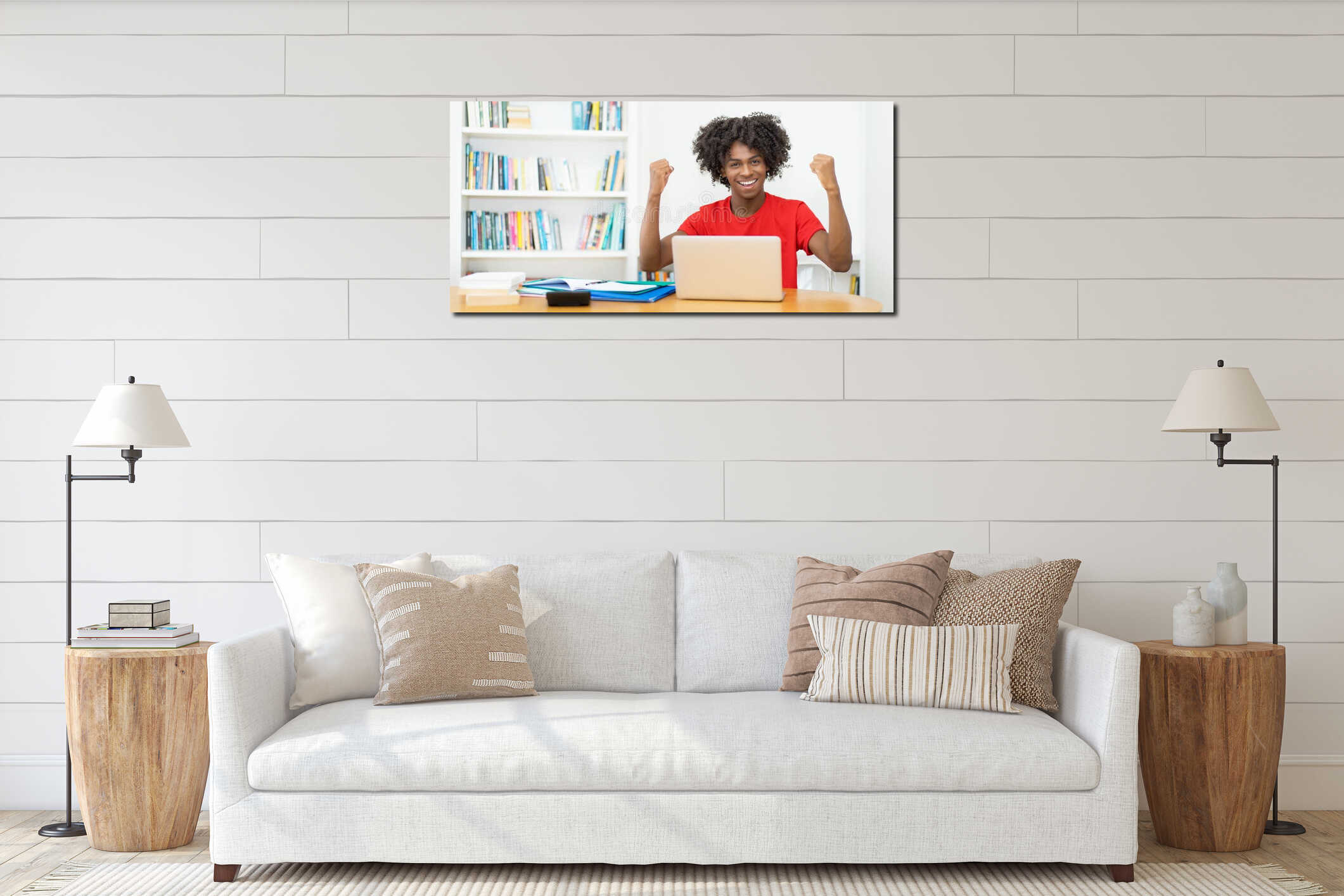Cheering afro american male young adult shopping online at computer interior mockup