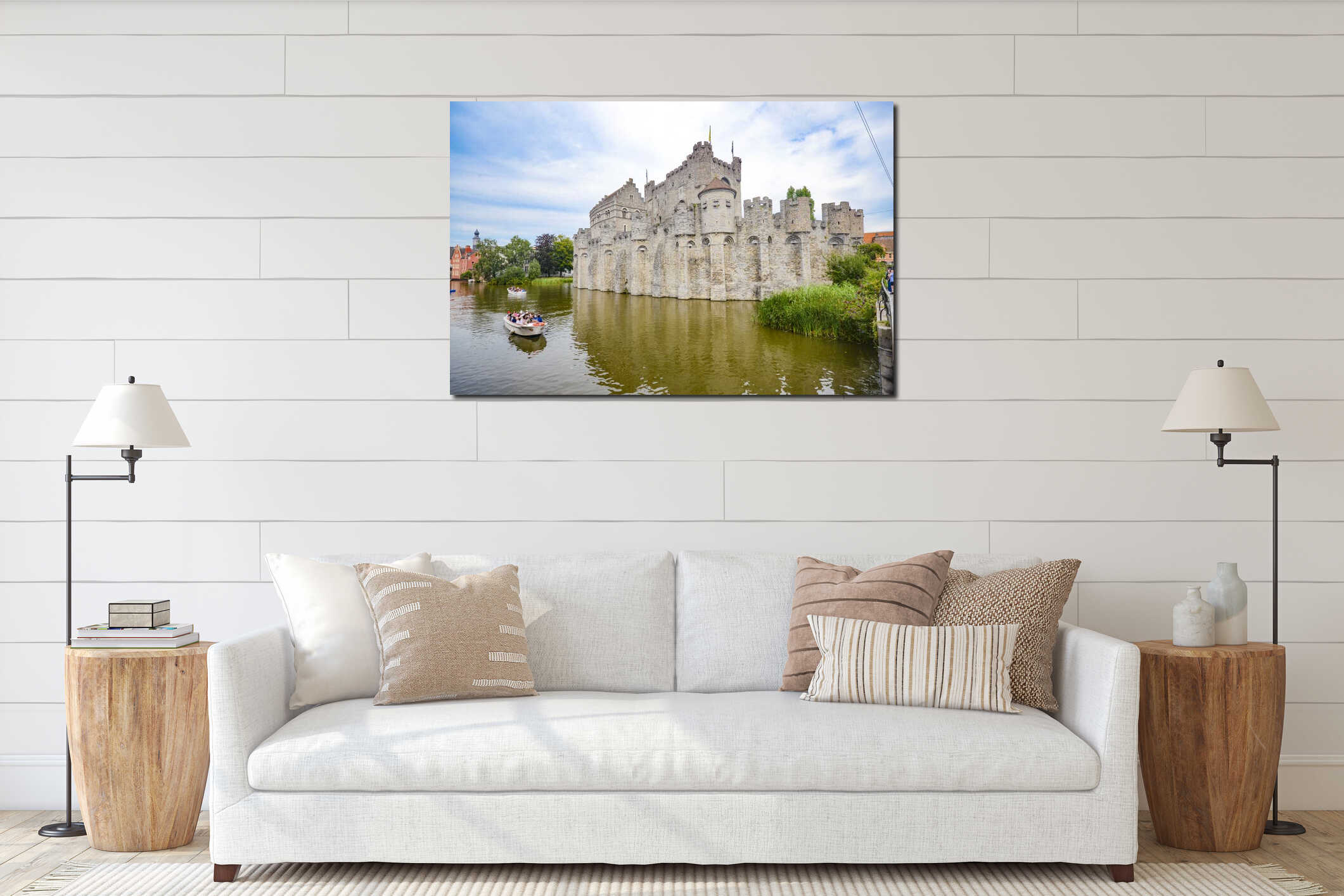 Medieval castle Gravensteen surrounded by water, Ghent, Belgium interior mockup