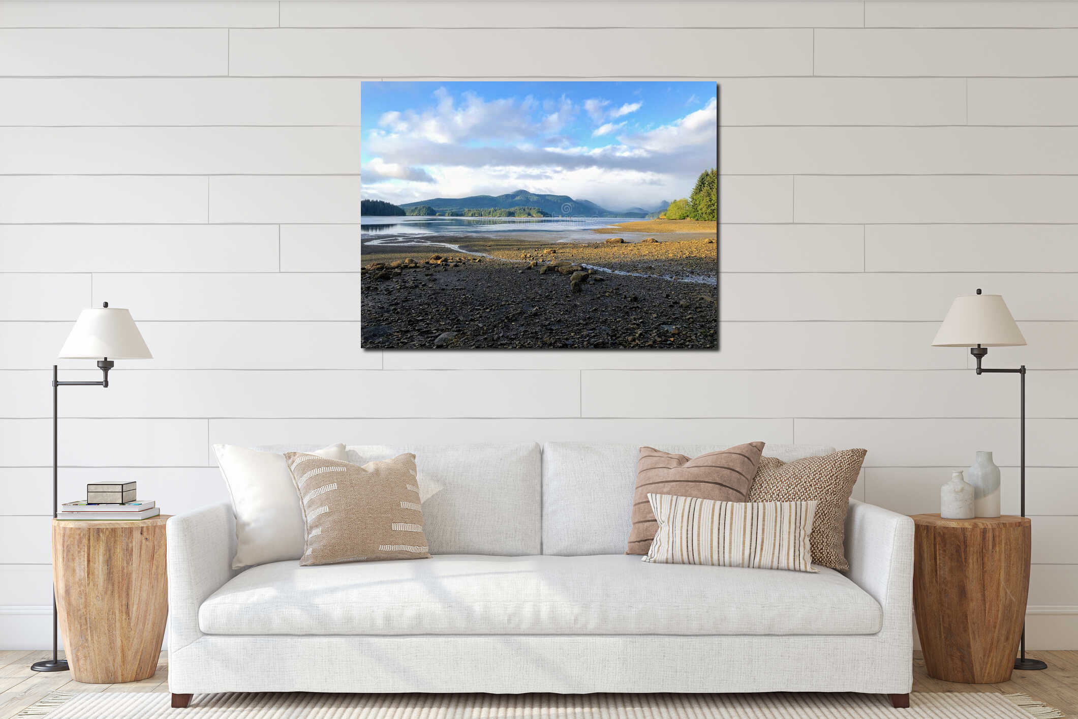 A beautiful seascape photo of Kagan Bay at low tide, on a beautiful sunny morning at a campground outside Queen Charlotte interior mockup