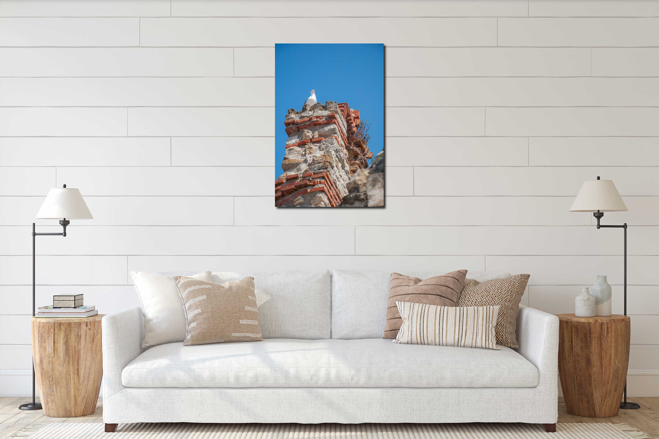 Seagull standing on the ruins of ancient building interior mockup