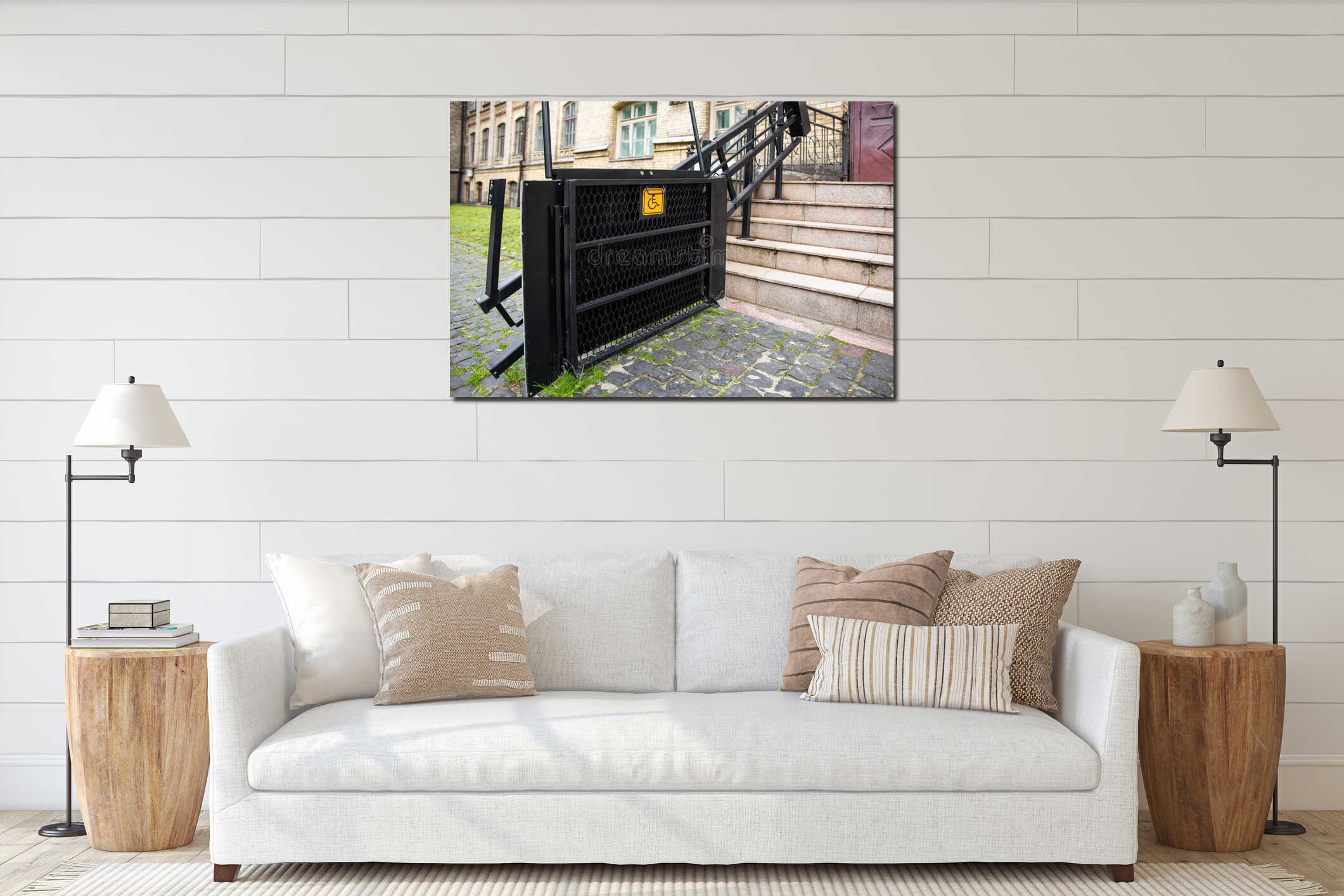 Electric platform lift at building staircase for disabled people with wheelchair sign plate on old city street. Elevator interior mockup