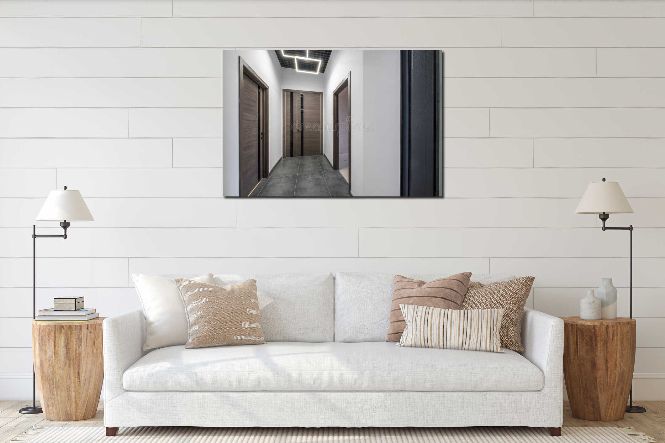 Long white empty corridor in interior of entrance hall of modern apartments, office or clinic interior mockup