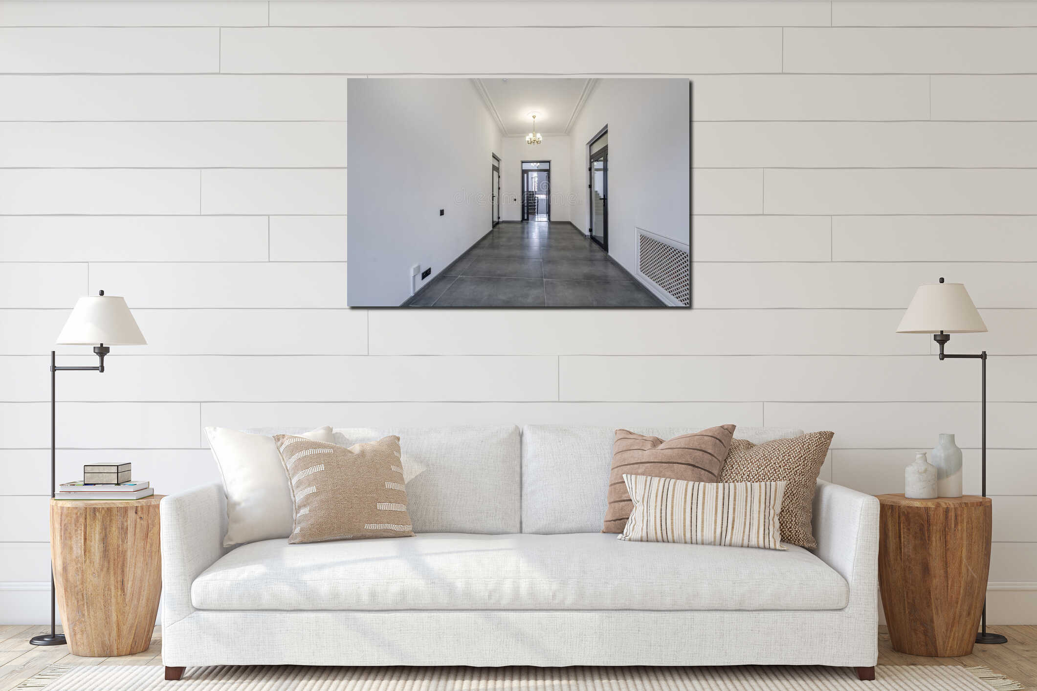 Long white empty corridor in interior of entrance hall of modern apartments, office or clinic interior mockup