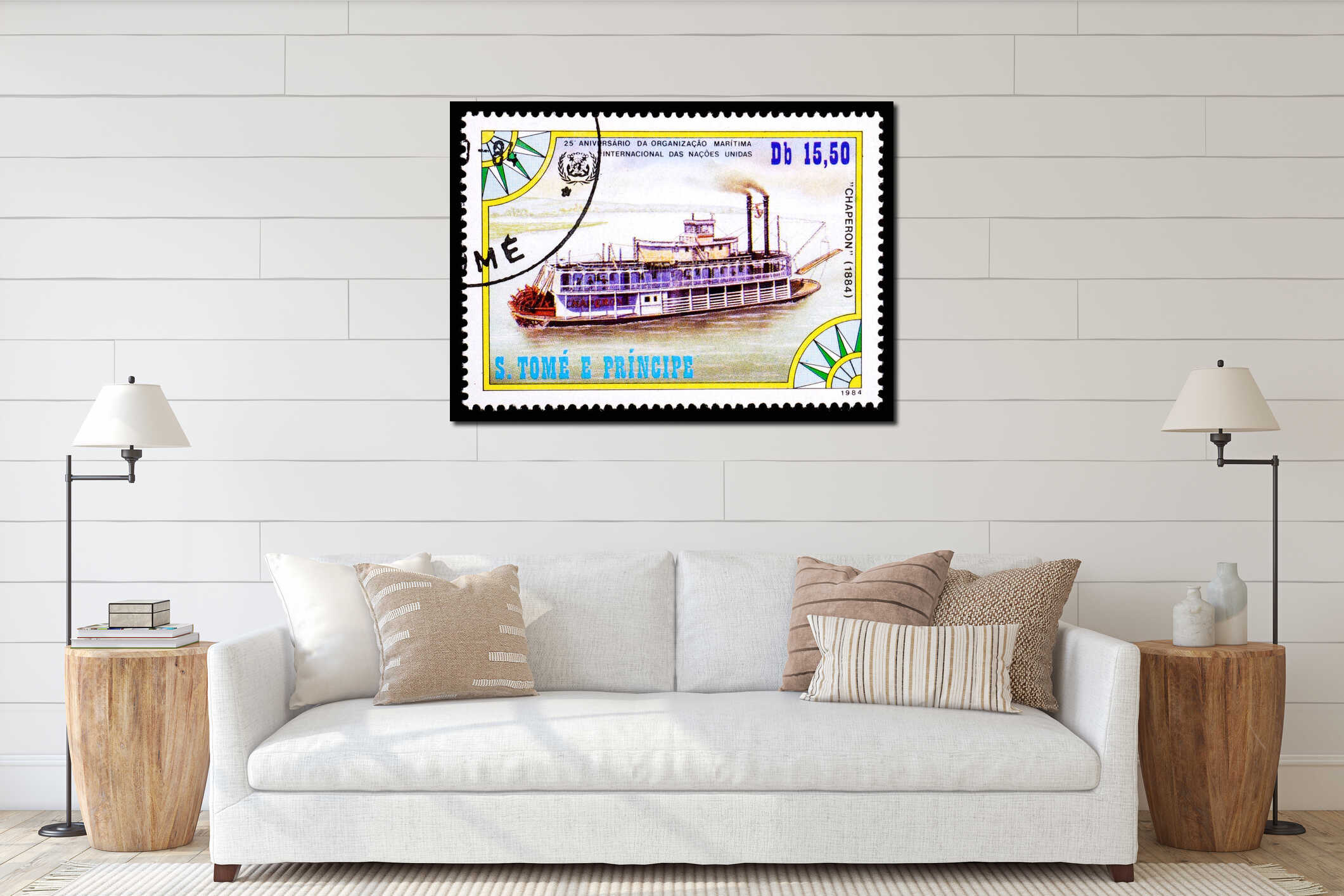 ST. THOMAS AND PRINCE ISLANDS - CIRCA 1984: A stamp printed in St. Thomas and Prince Islands shows steamship Chaperon interior mockup