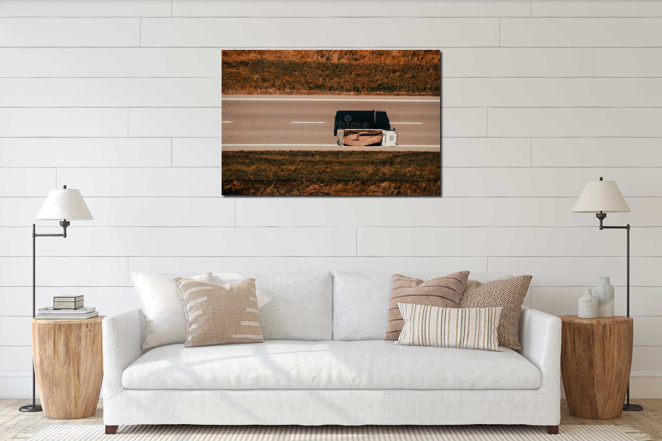 Aerial shot of freight truck transporting sand as construction material, top down drone pov interior mockup