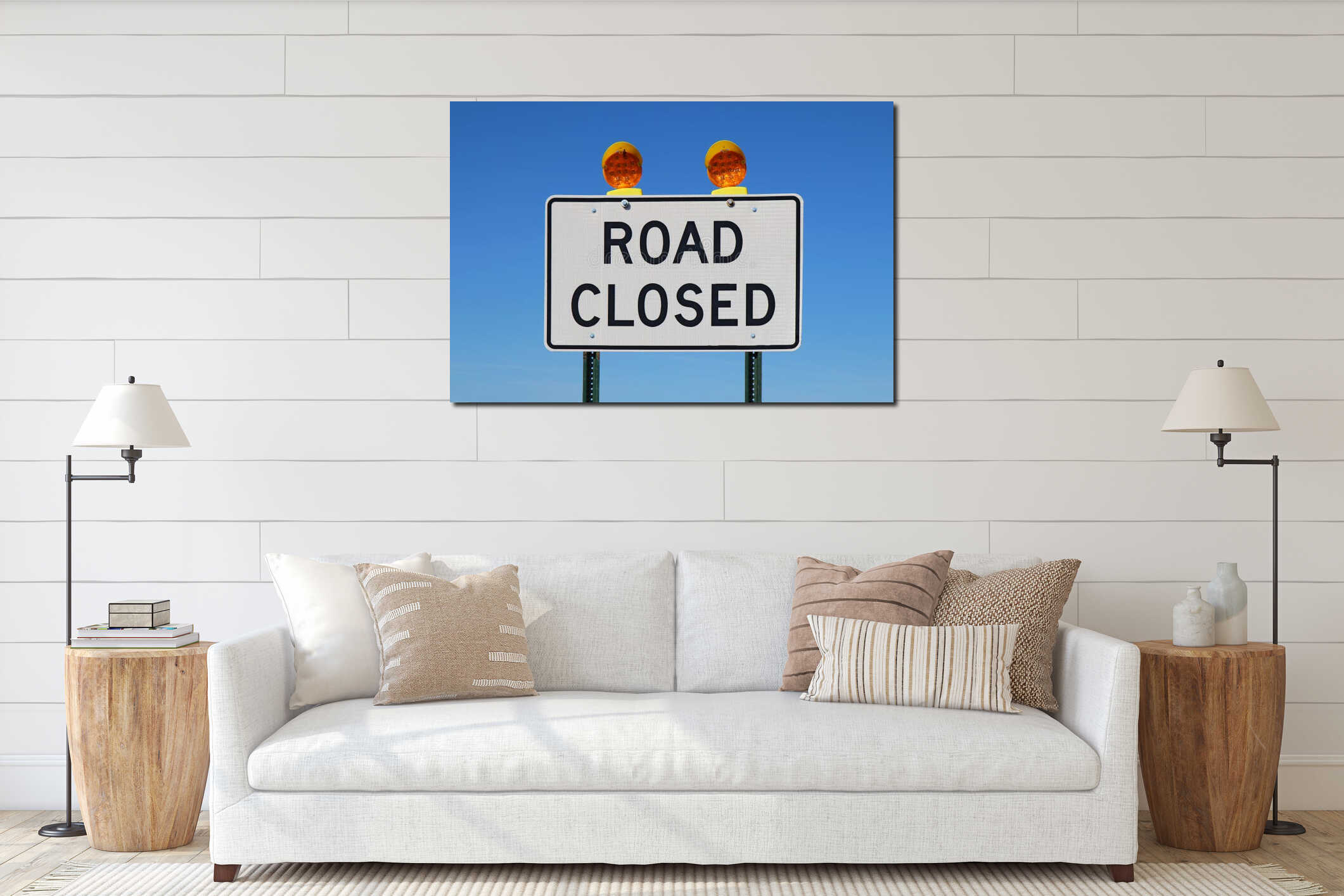 Road closed sign against a bright blue sky interior mockup