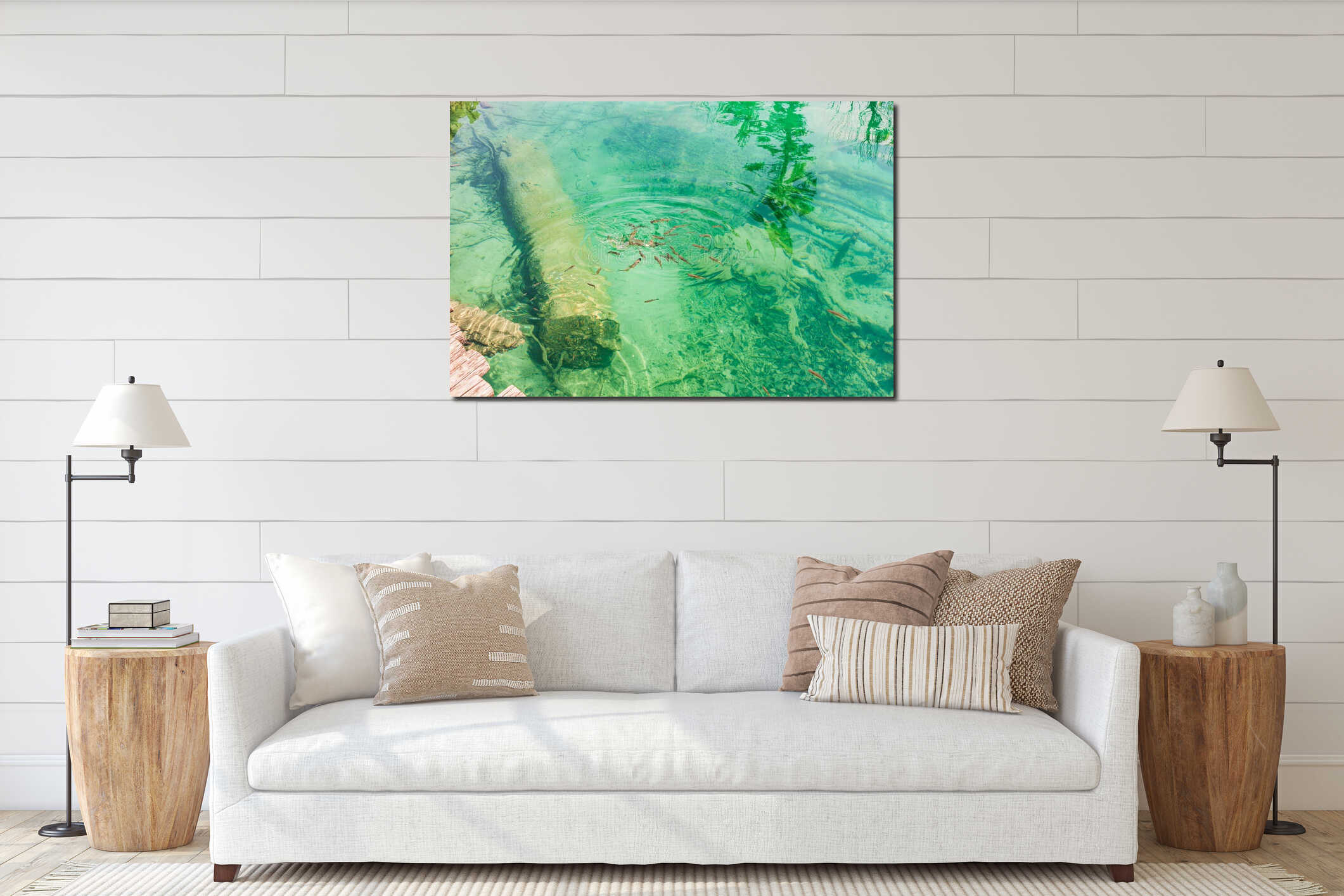 Croatia.Transparent water of Plitvice Lake with a school of fish.Turquoise water surface texture. interior mockup