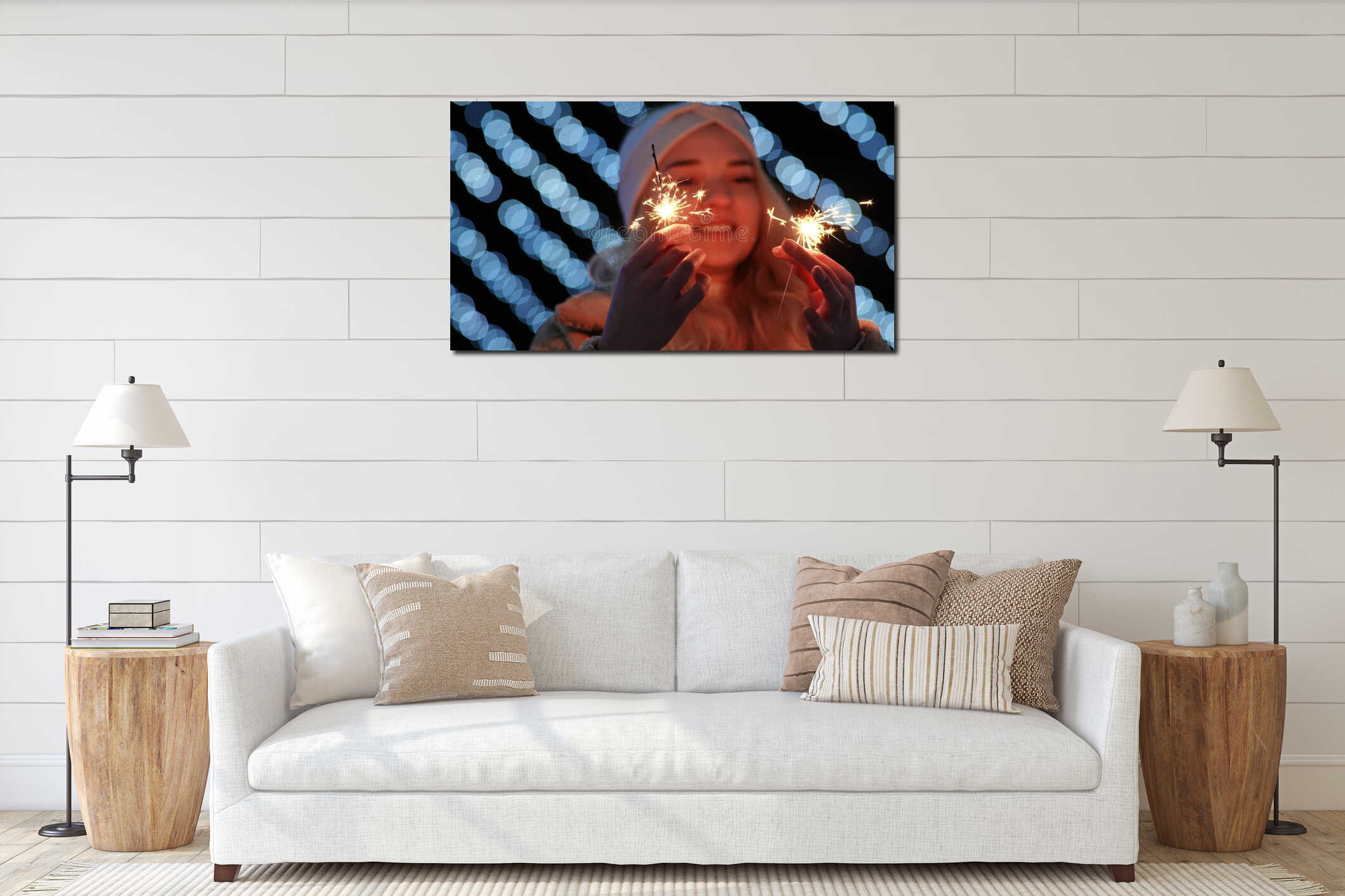 Girl with sparklers on the background of the Christmas lights of the evening city. interior mockup