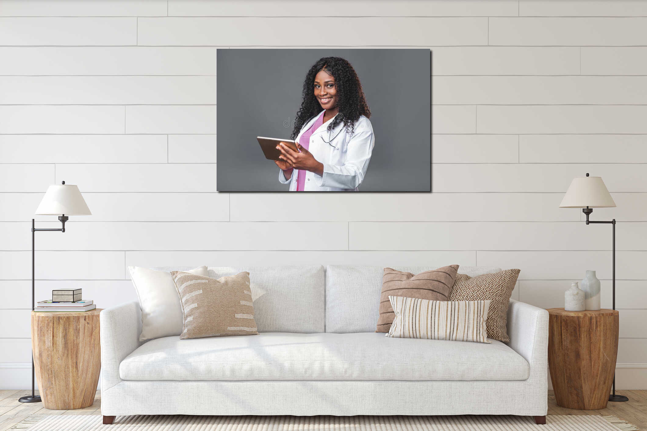African female doctor holding phone talk to patient make telemedicine online video call. Afro american therapist remote interior mockup