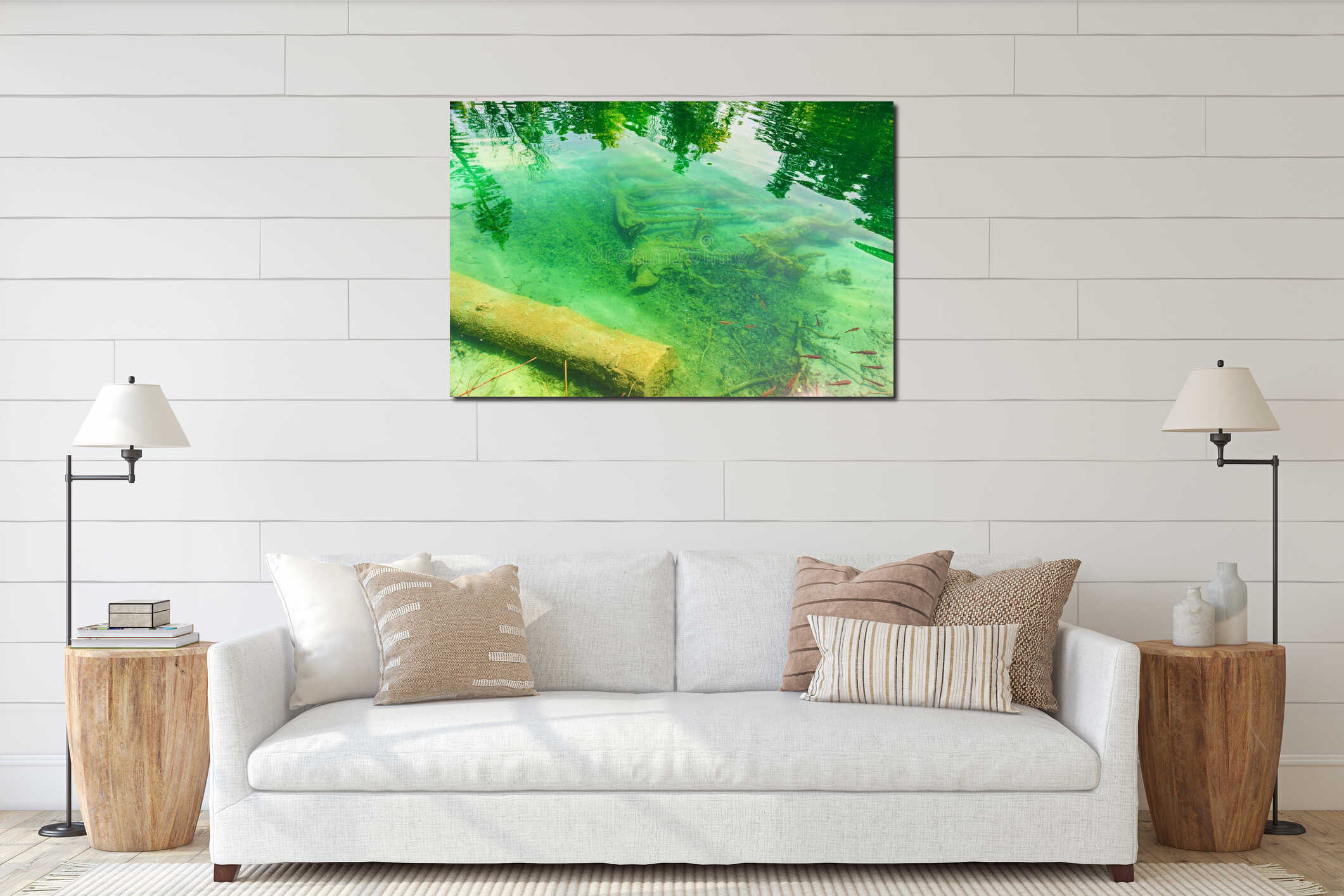Croatia.Transparent water of Plitvice Lake with a school of fish.Turquoise water surface texture.A log and branches lying at the b interior mockup