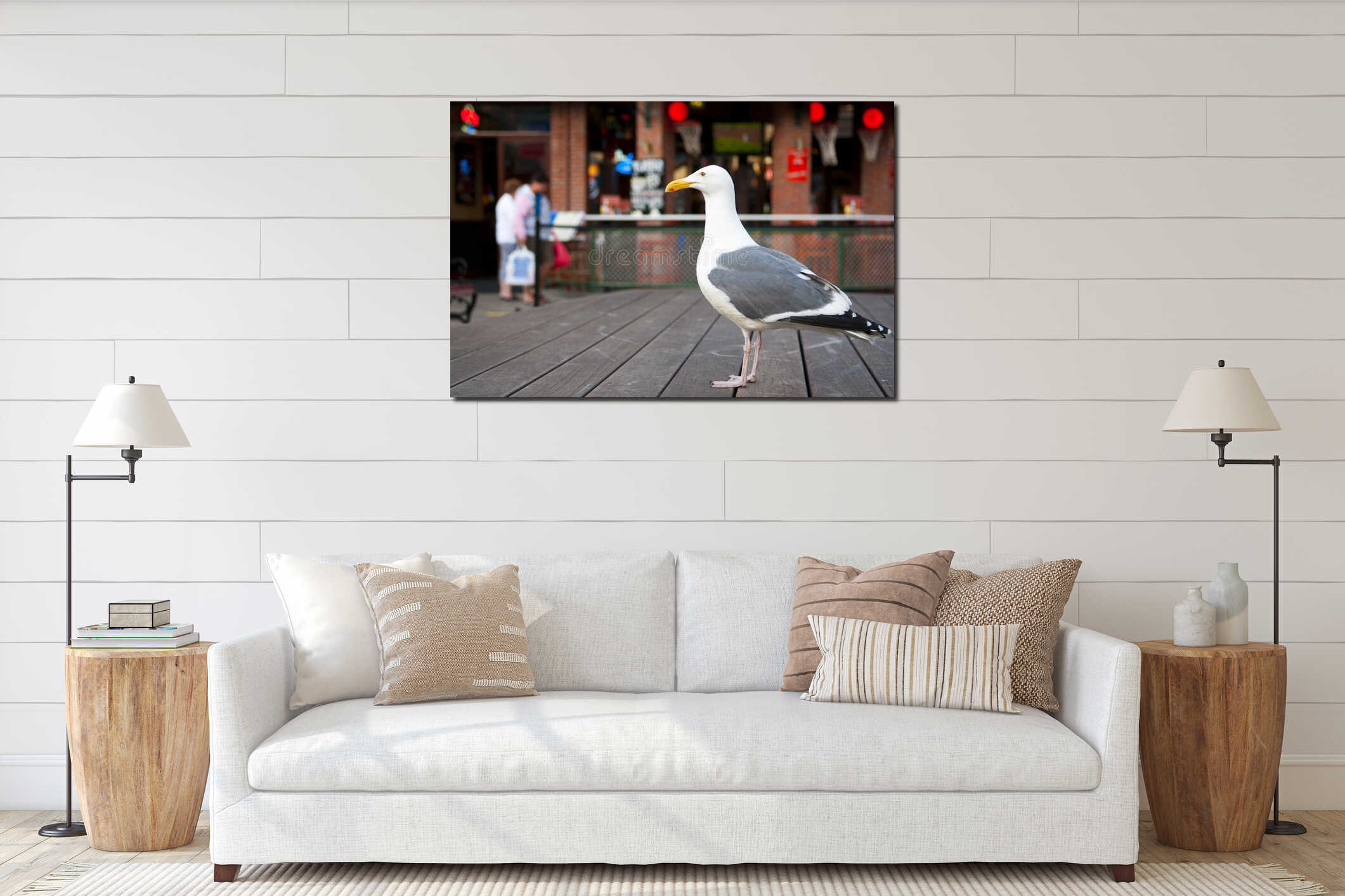Lonely gull sitting in front of restaurant interior mockup