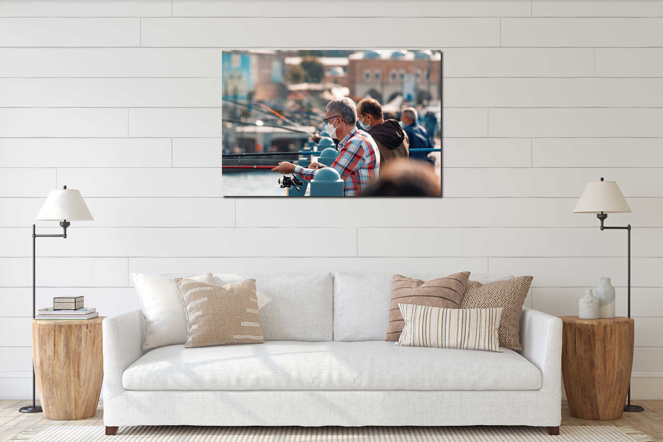 Group of people fishing at Galata Bridge in Istanbul interior mockup