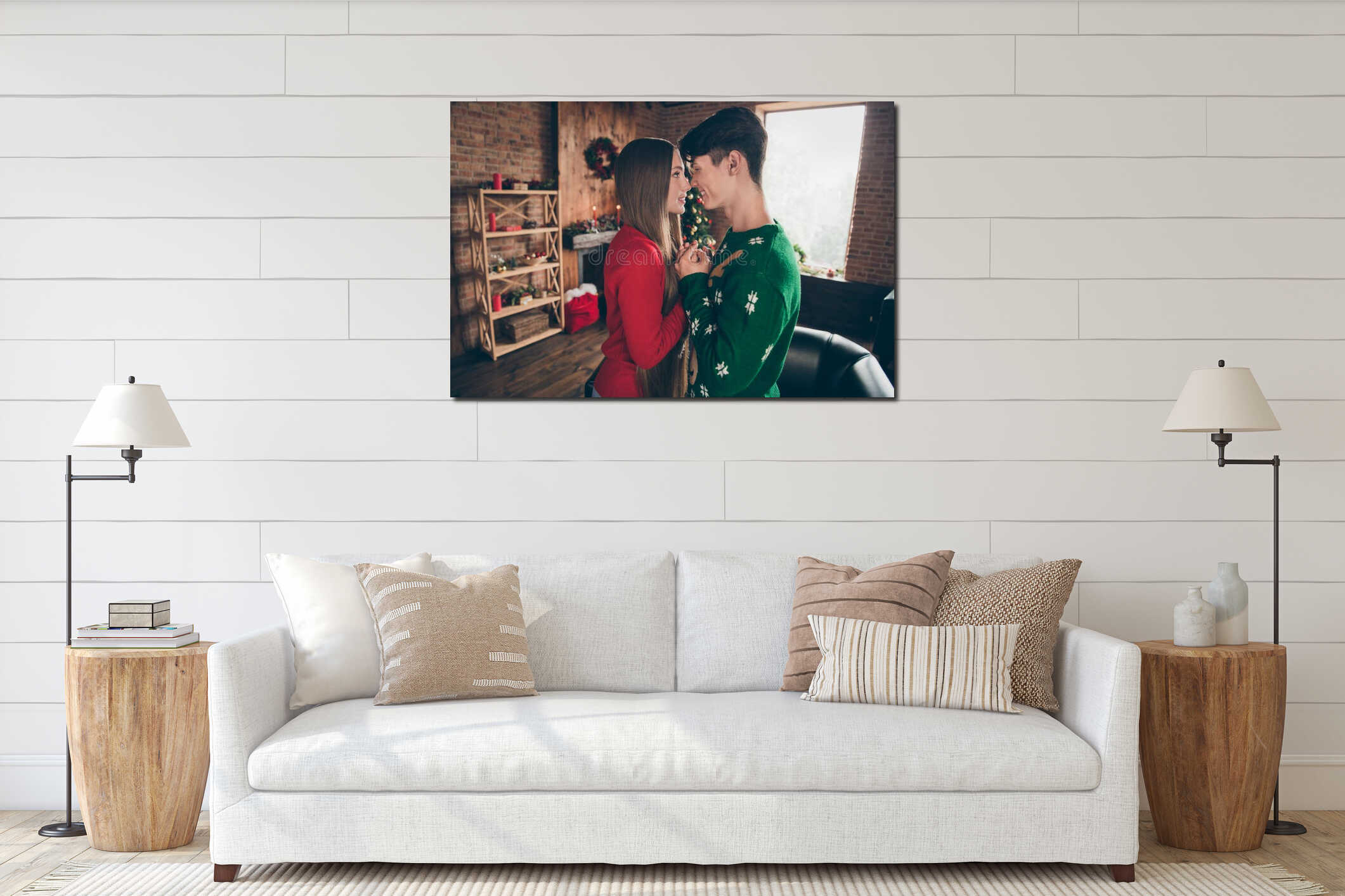 Portrait of attractive sweet gentle tender couple holding hands vacation at home loft industrial brick interior indoors interior mockup