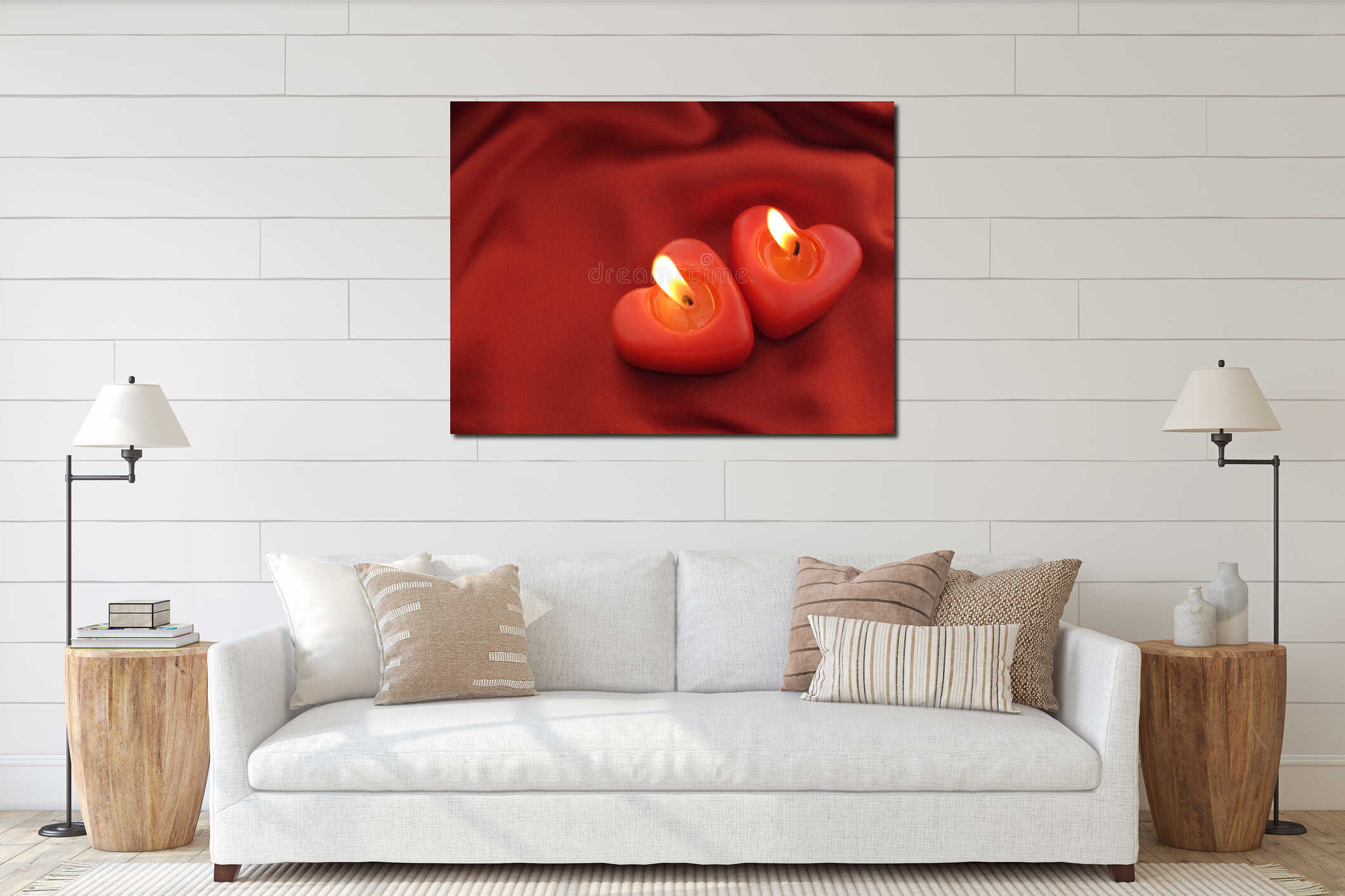 Red heart-shaped candle burning interior mockup