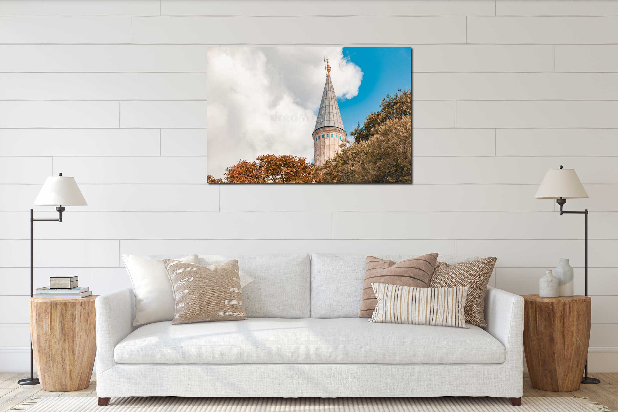 Closeup photo of the minaret of Suleymaniye Mosque | Suleymaniye Camii in front of cloudy blue sky interior mockup