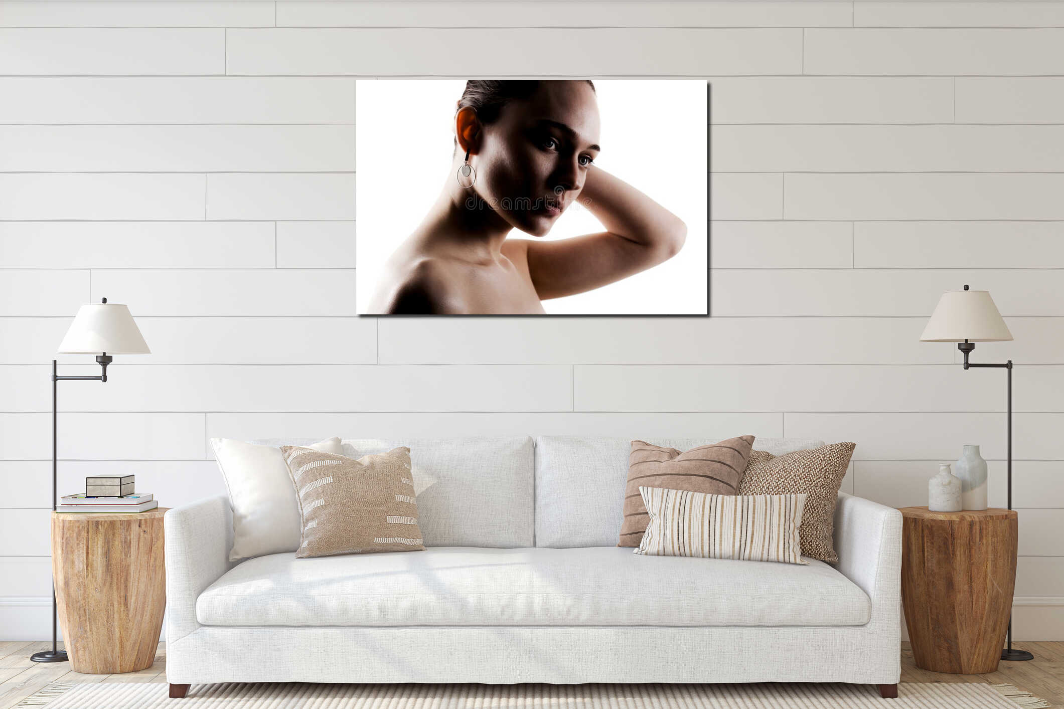 Dark studio portrait of a beautiful young woman against white backgroung interior mockup