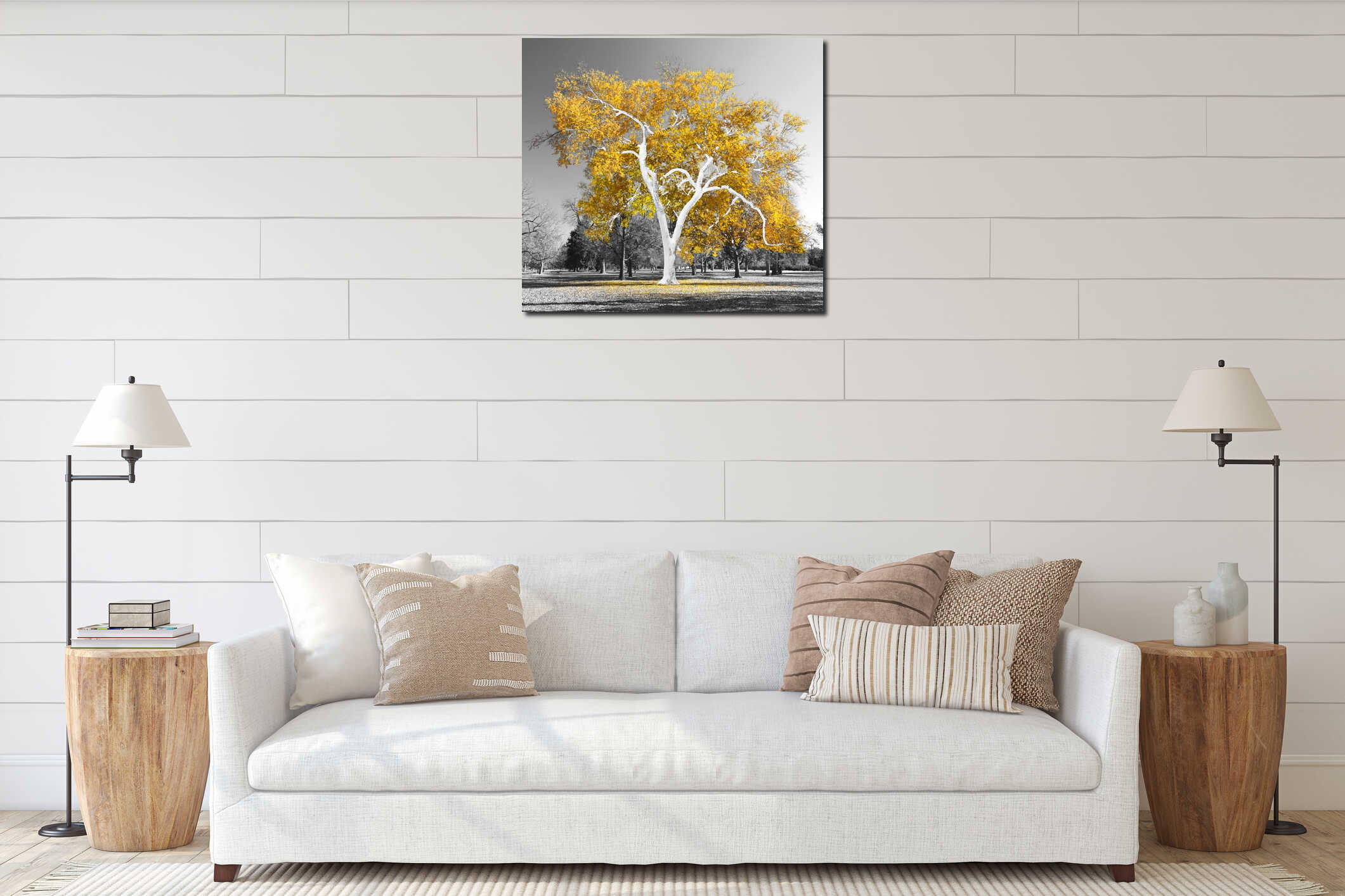 Big colorful tree with golden yellow leaves in a black and white landscape scene interior mockup