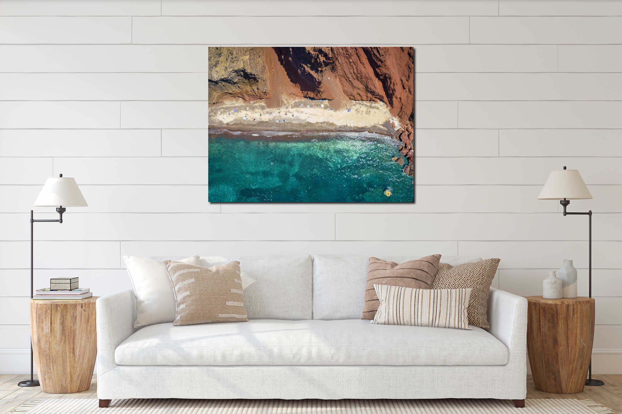 Aerial top down view to the popular red beach on the island of Santorini, interior mockup