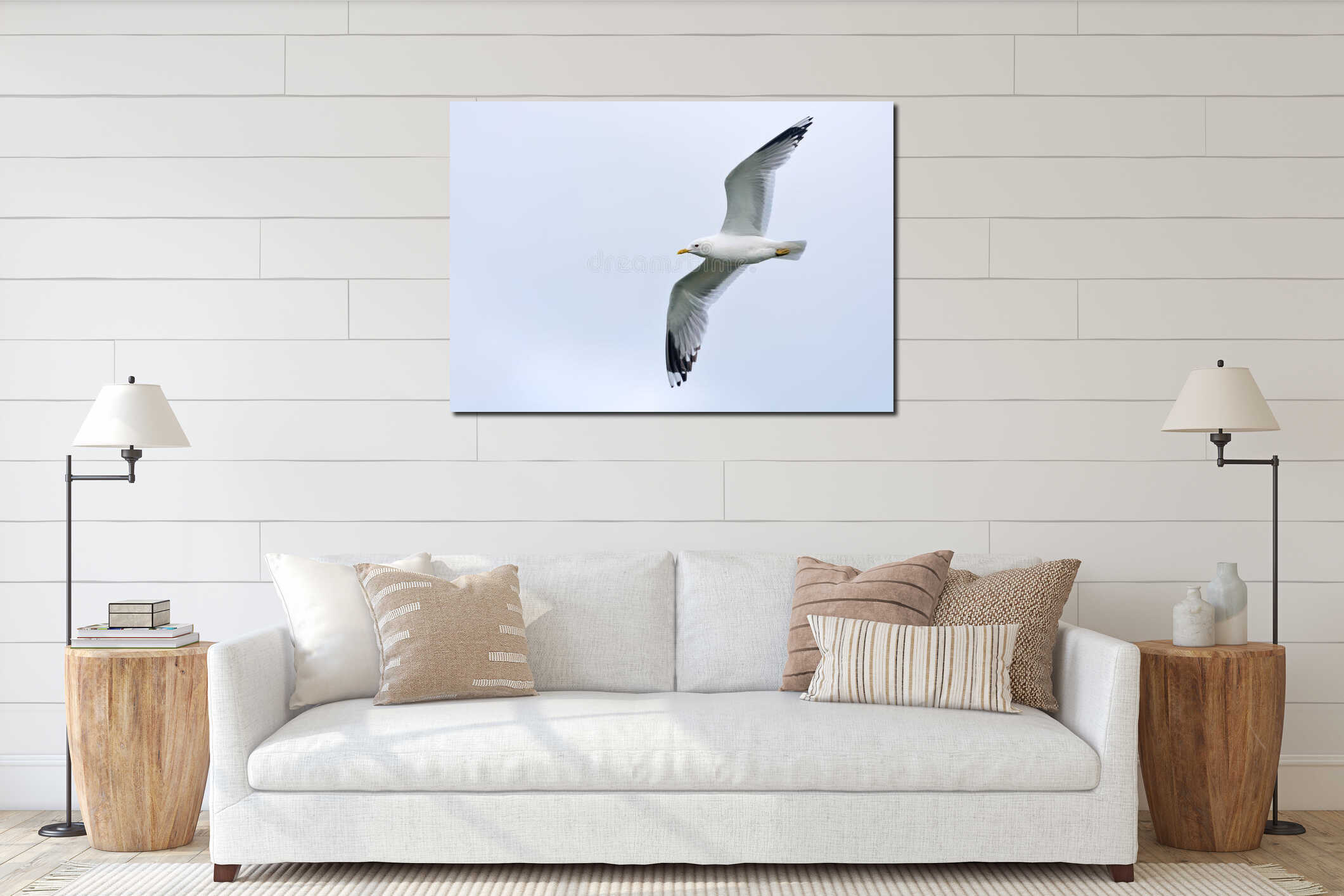 Adult common gull in flight with stretched wings and overcast sky interior mockup
