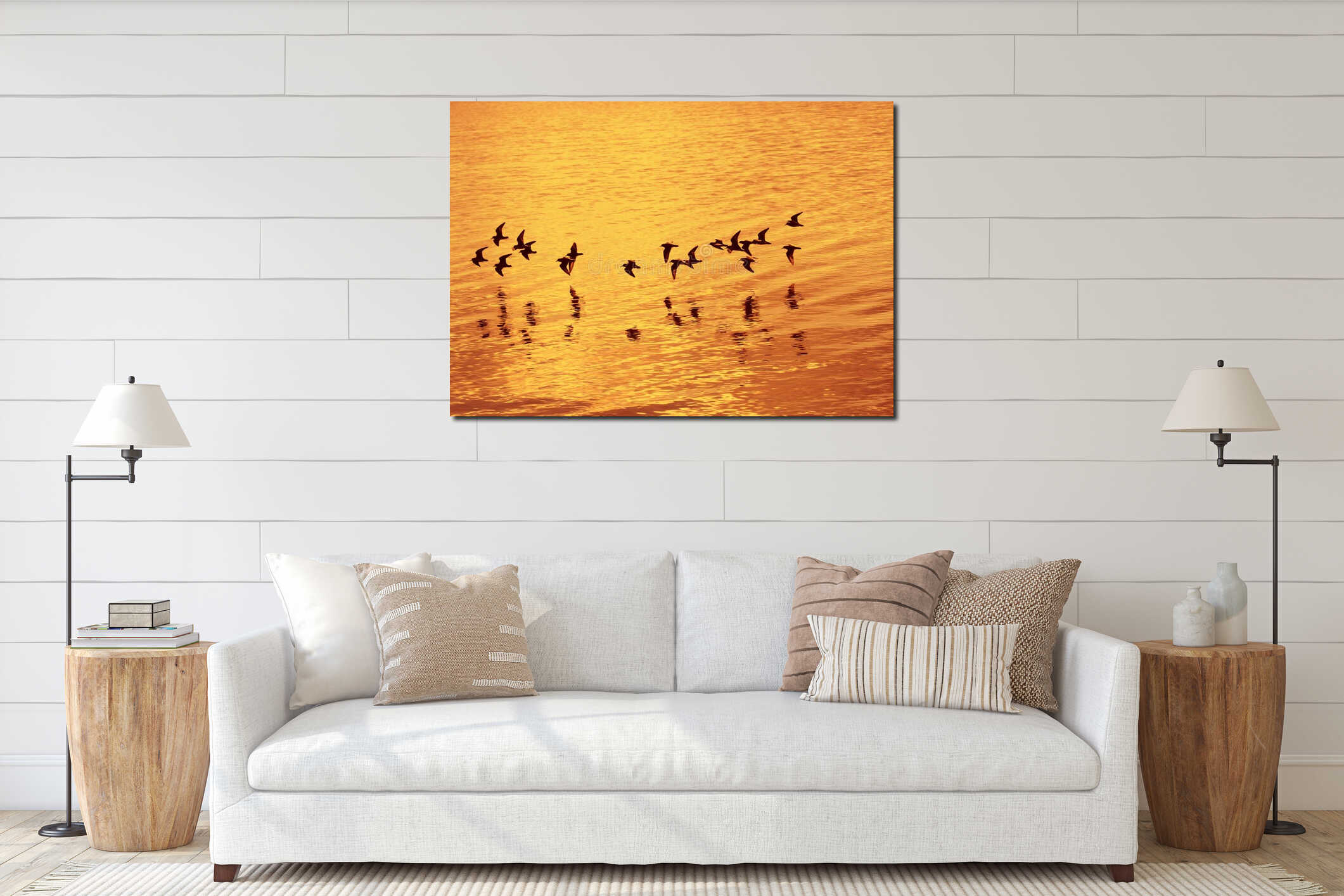 Birds flying over the sea interior mockup