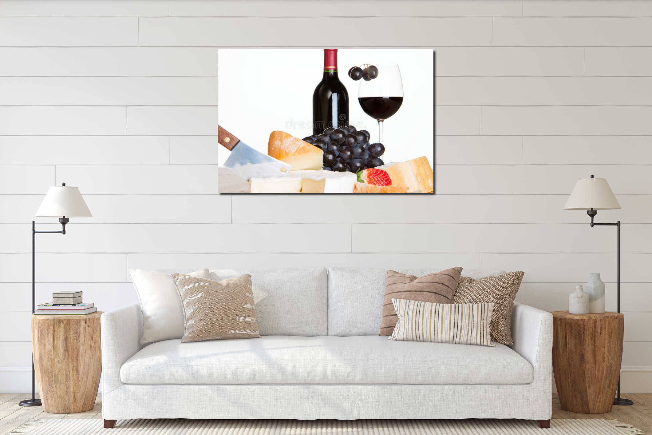 Red wine, cheese and grapes interior mockup