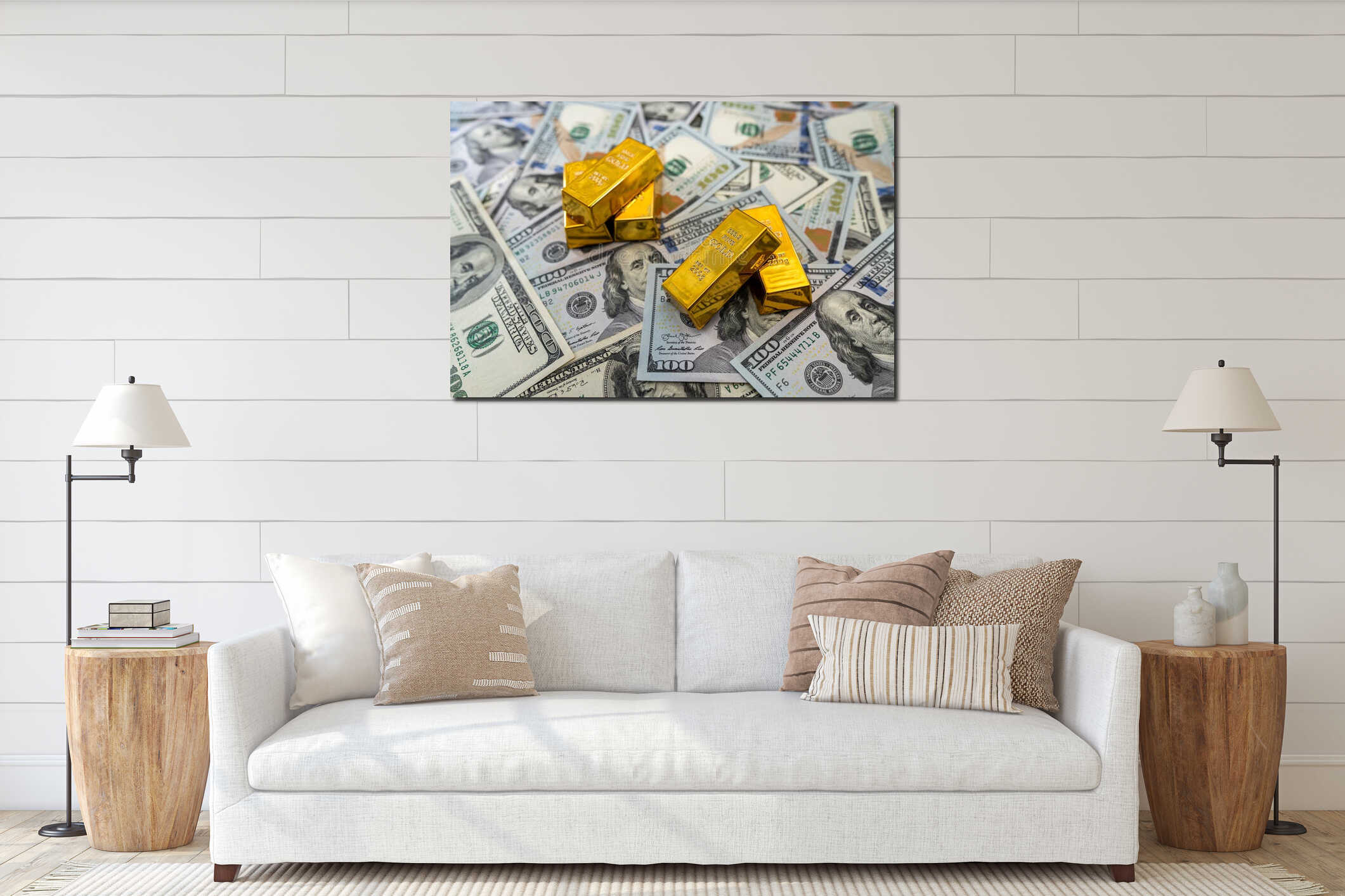 Gold bullion on pile us dollar bills as background interior mockup