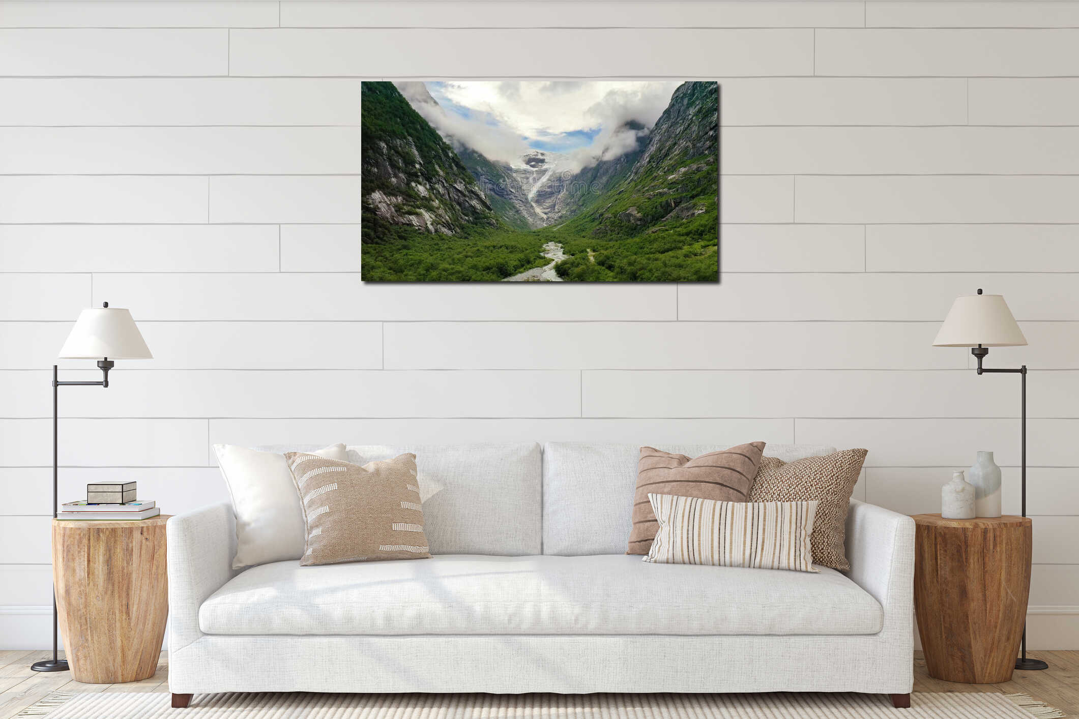 Incredibly beautiful gorge, mountain river and snow-capped peaks interior mockup