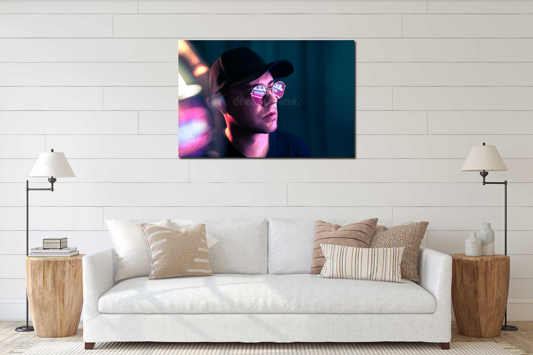 Futuristic neon technology. Man with glasses in future cyberpunk illumination. Purple fluorescent color on face. Studio portrait. interior mockup