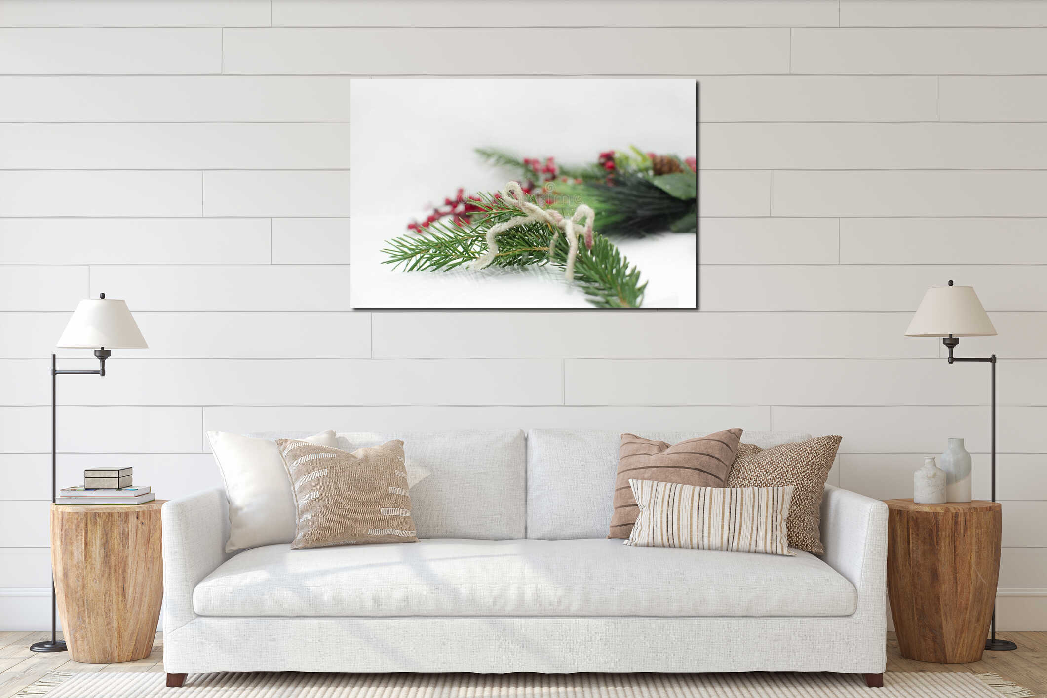 Evergreen tree twigs on white background, Christmas decorations and copy space interior mockup