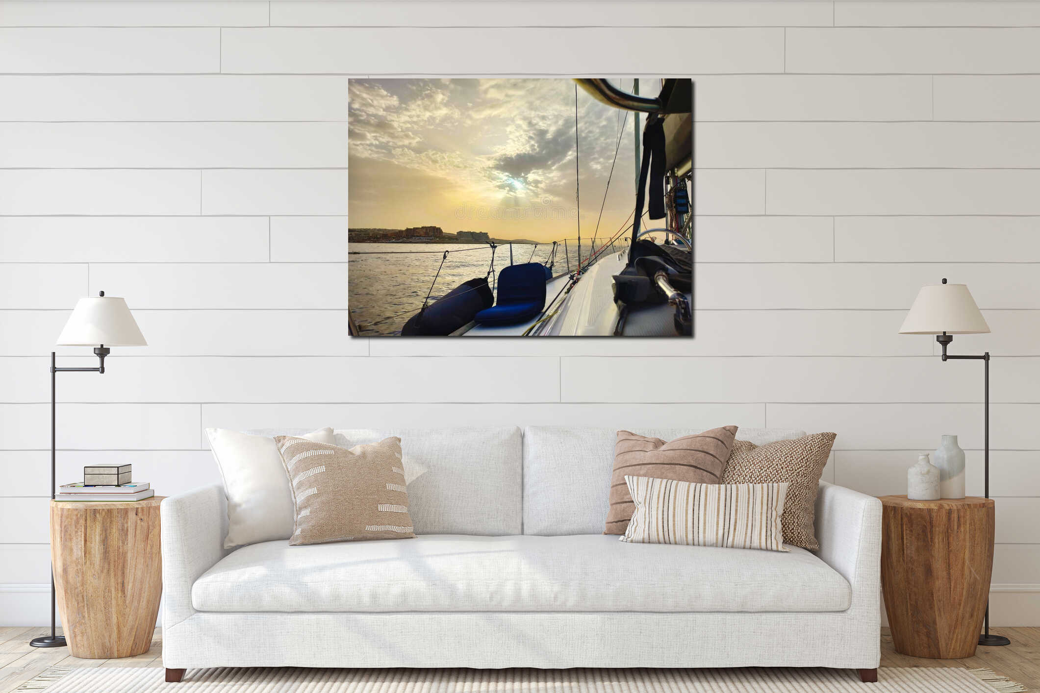 Beautiful sunset from aboard a luxury yacht sailing off the coast in the Mediterranean interior mockup