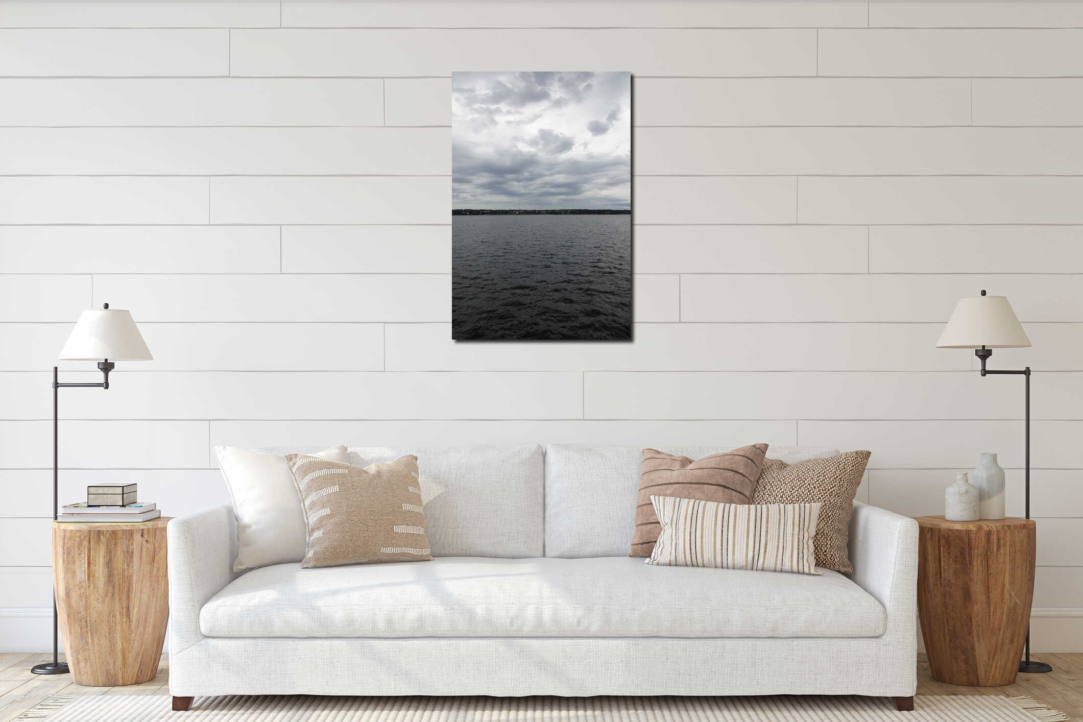 Dark stromy cloudscape in Baltic sea. Many dark clouds with sunlight coming through. Water surface. Horizon line interior mockup