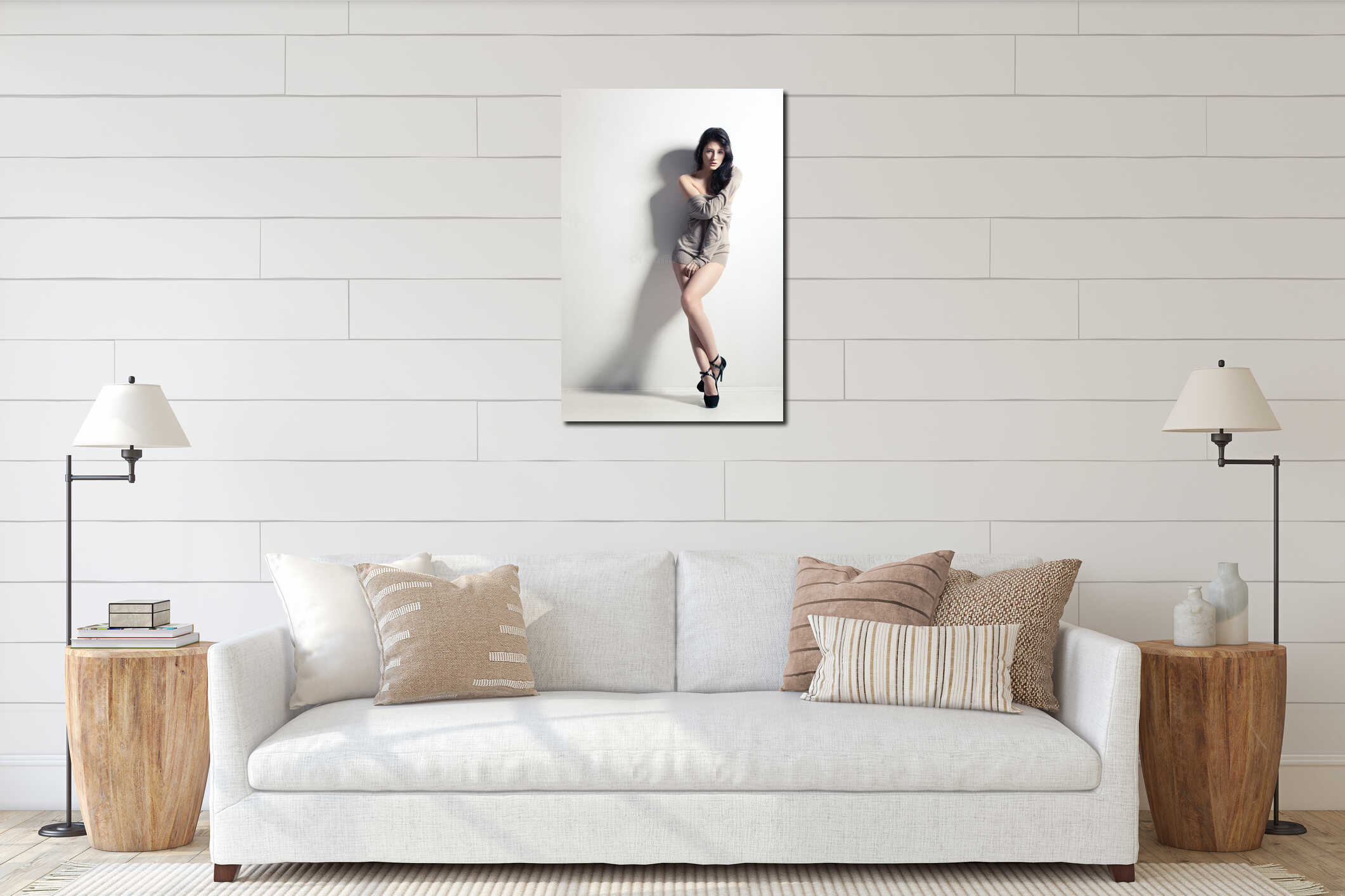 Woman full-length portrait near wall interior mockup