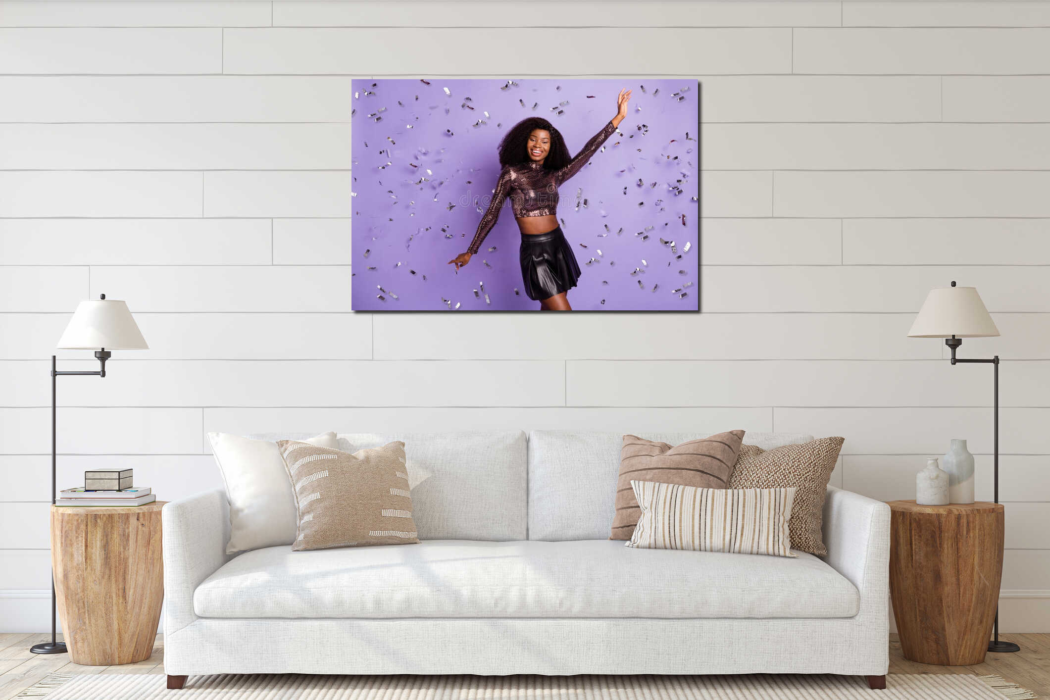 Photo of funny african girl enjoy dance sparkles fall wear glossy top mini skirt isolated violet color background interior mockup