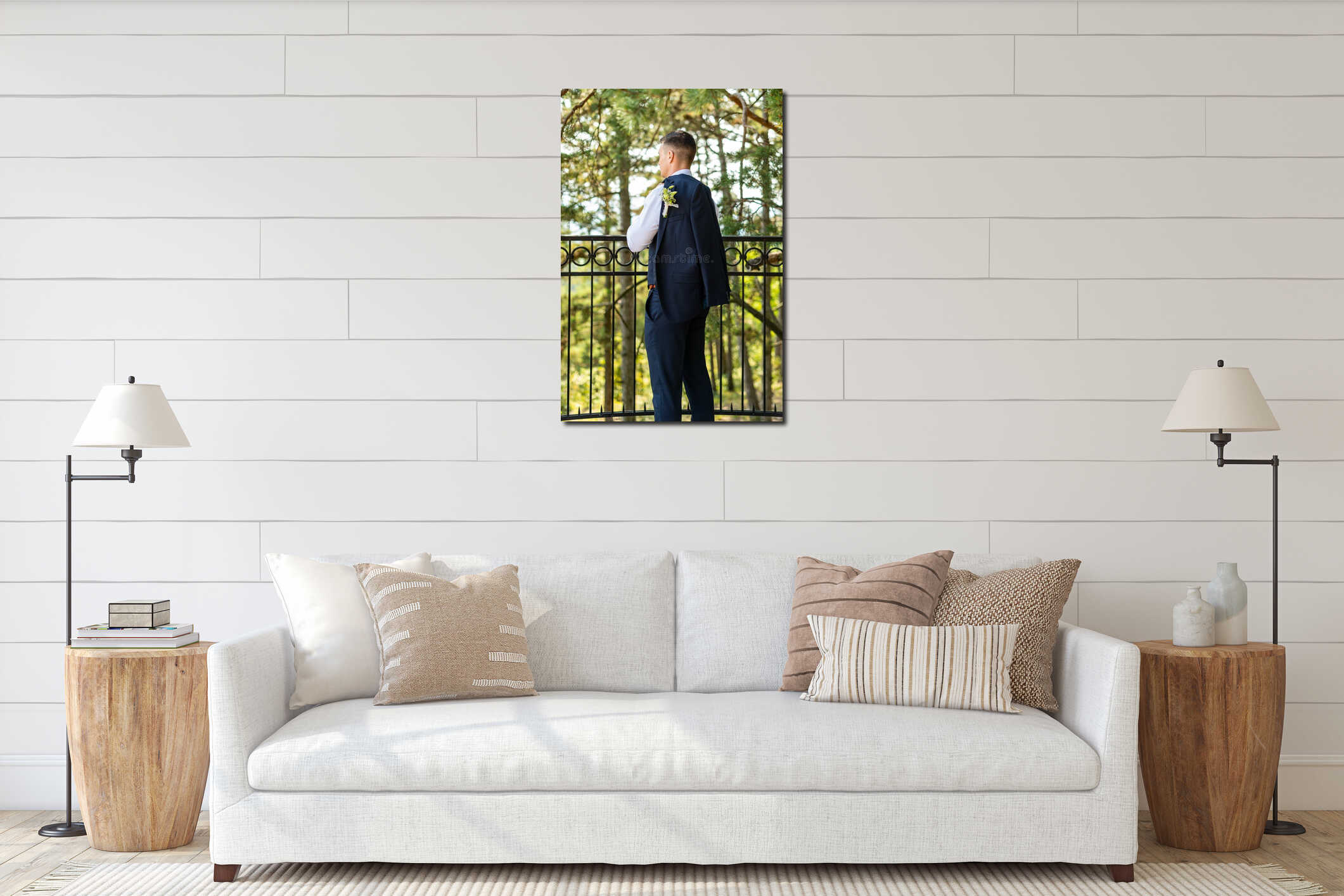 Handsome young groom wearing elegant dark blue suit outdoors portrait. Stylish groom fashion. Rear view. interior mockup