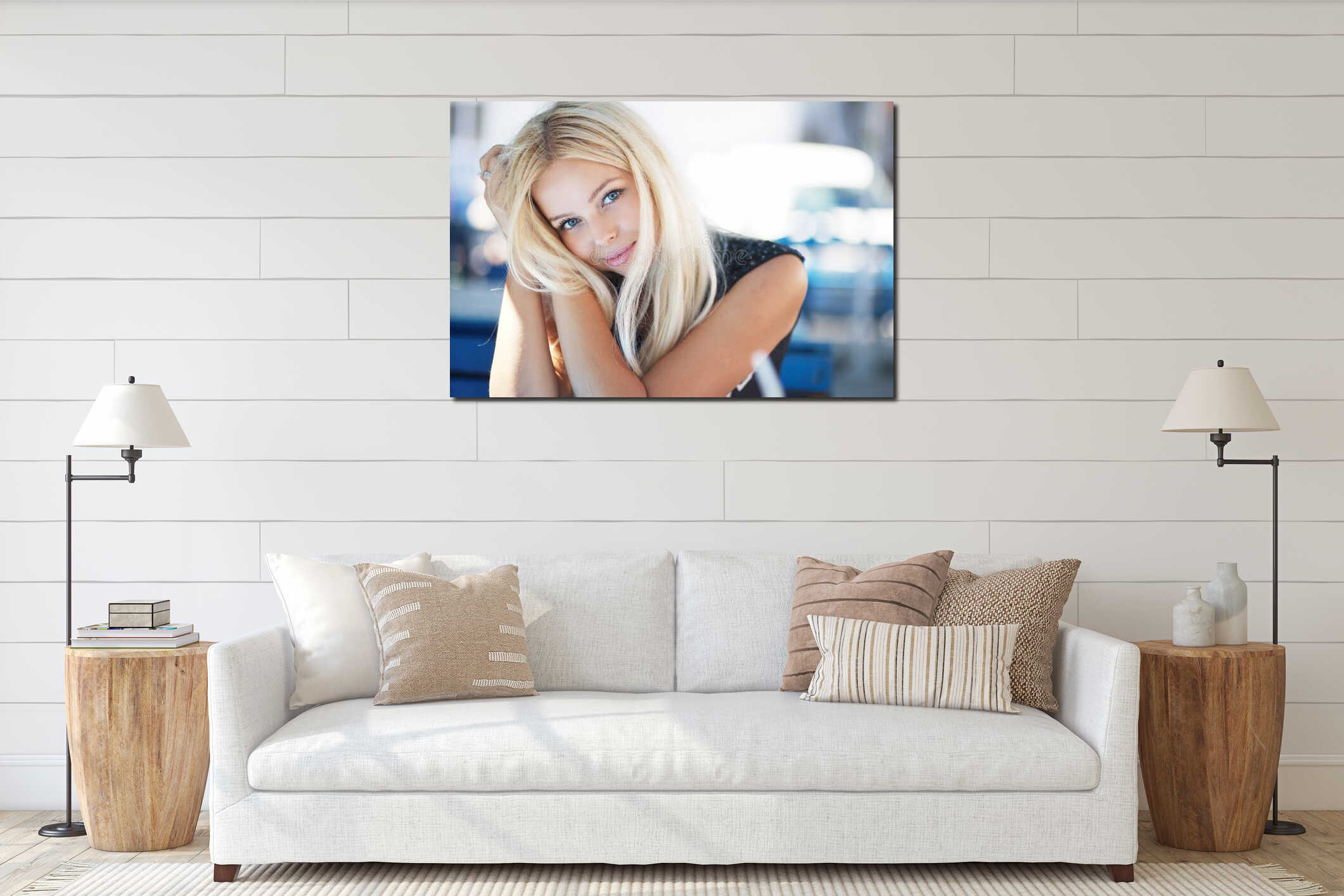 Portrait of a blond beautiful young woman in cafe interior mockup