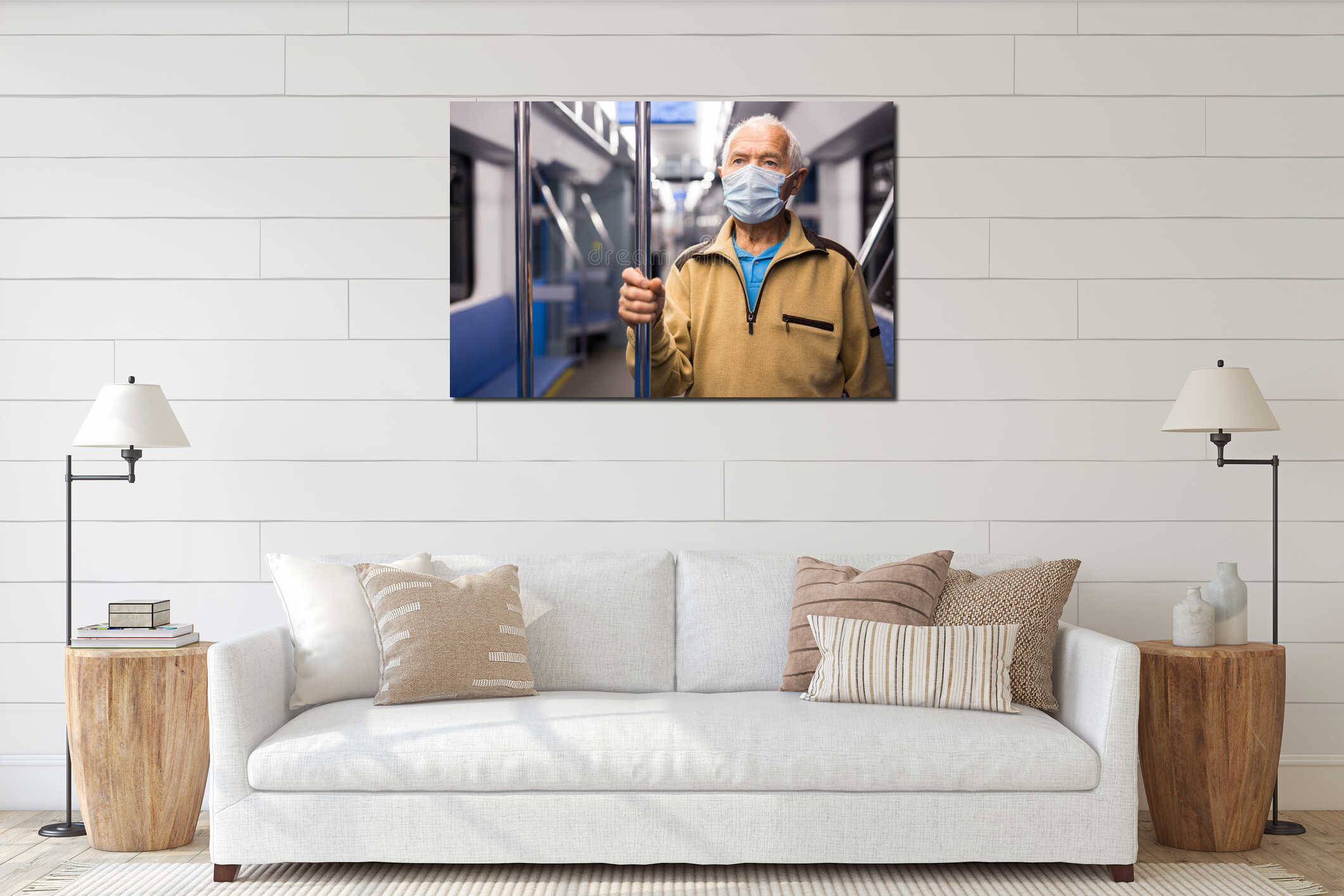 Senior man in mask inside subway car interior mockup