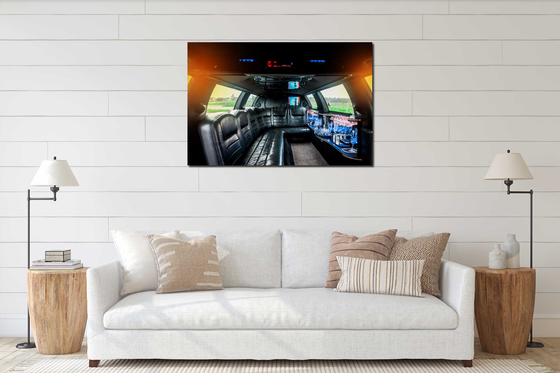 Luxury car interior limousine with black leather seats and a small bar inside the interior of the car interior mockup